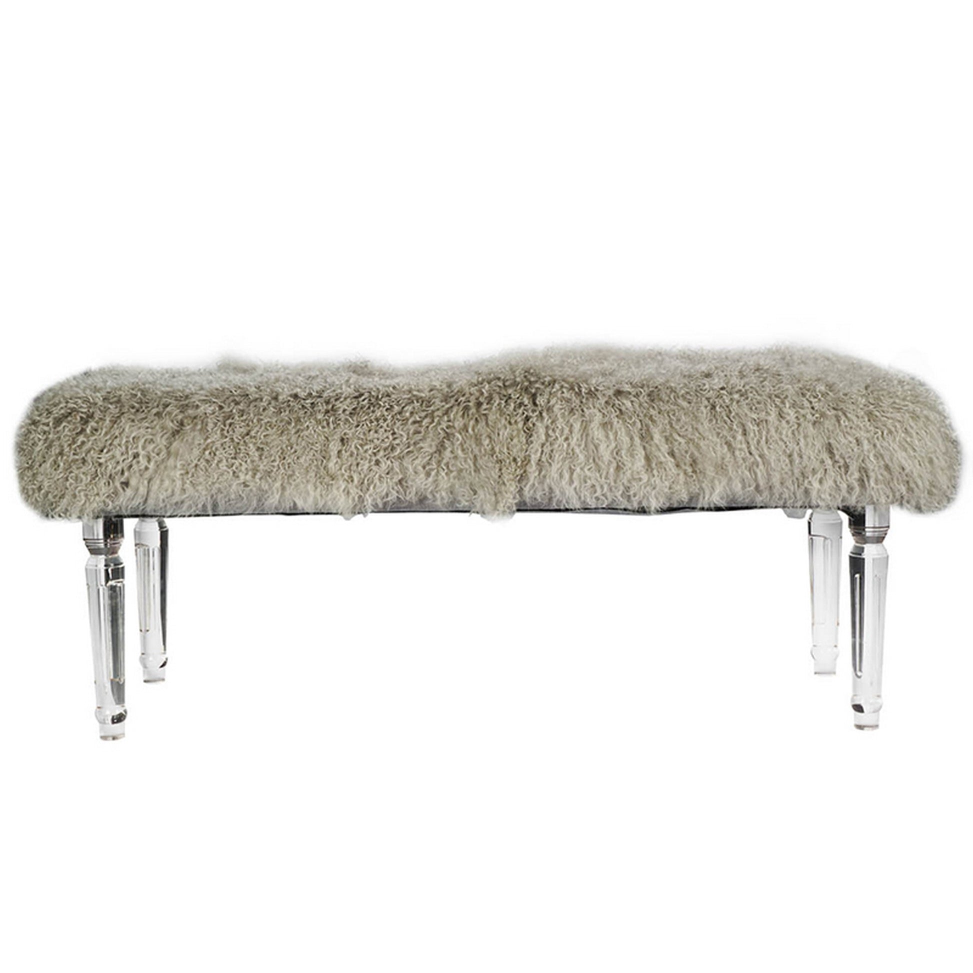 49 Inch Accent Bench, Faux Fur Seat, Clear Acrylic Legs, Smooth Rich Brown Brown Wood