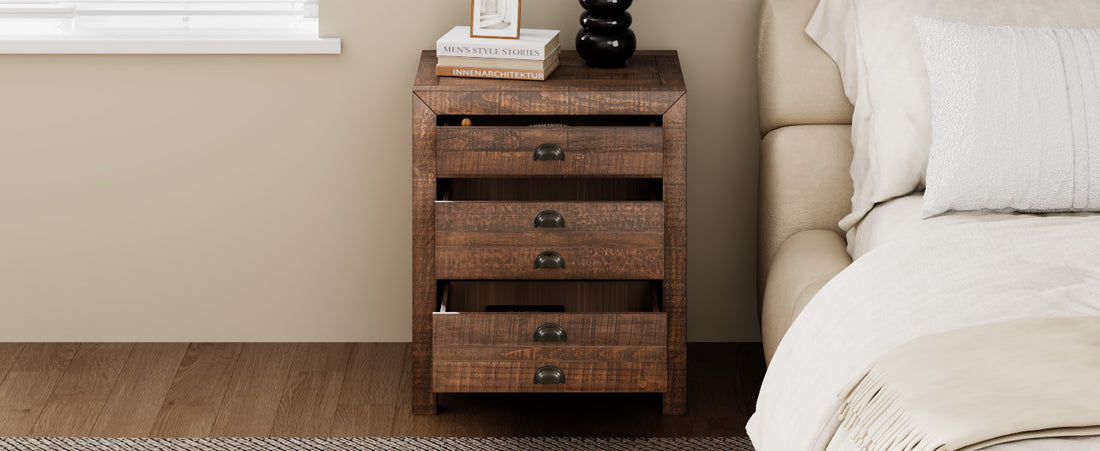 Rustic Farmhouse Style Three Drawer Solid Pine Wood Nightstand With Cup Pulls And Integrated Charge Station Brown 3 Drawers Bedroom Pine Pine,Plywood