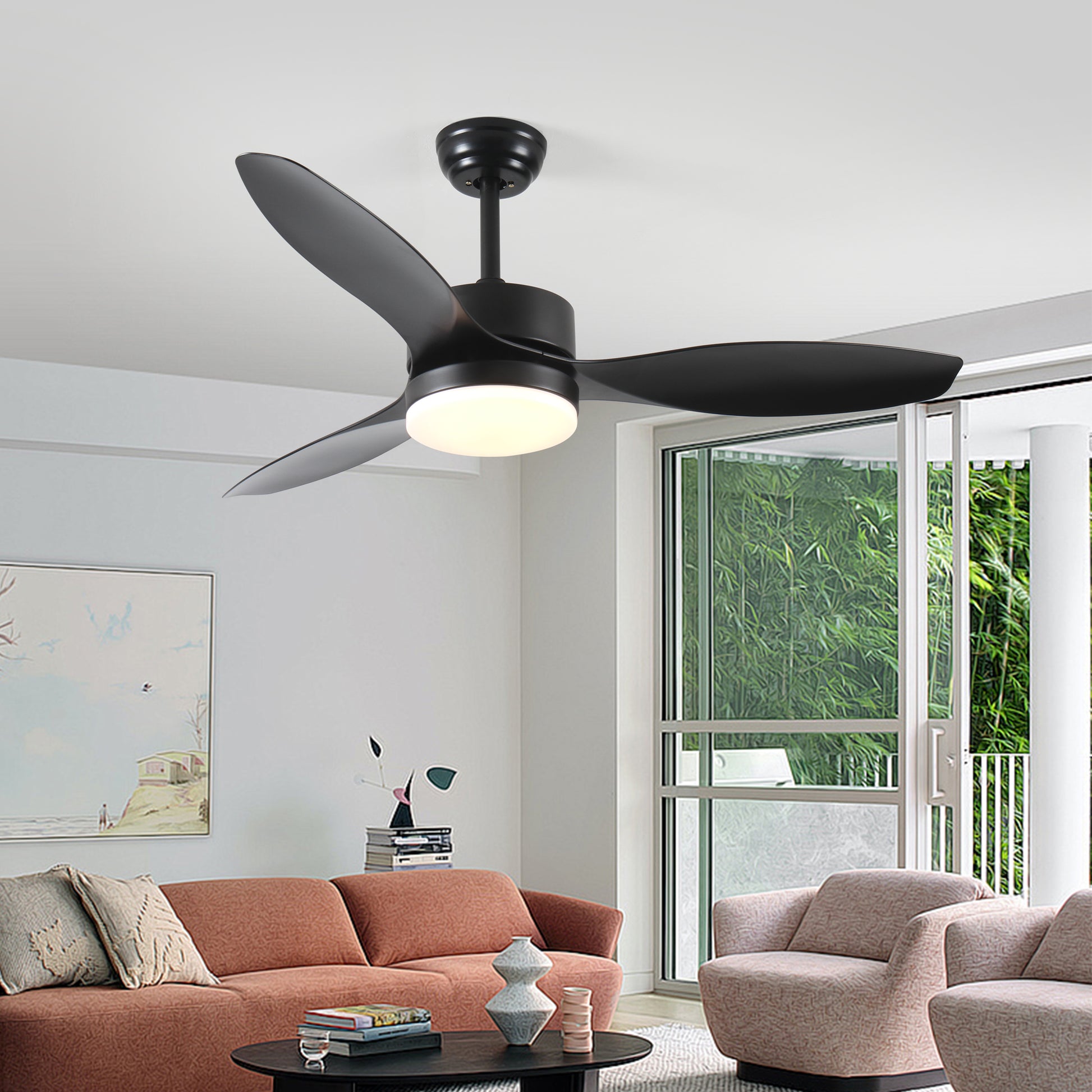 52 Inch Indoor Outdoor Ceiling Fan With Led Select Light Kit Black Black American Design Abs