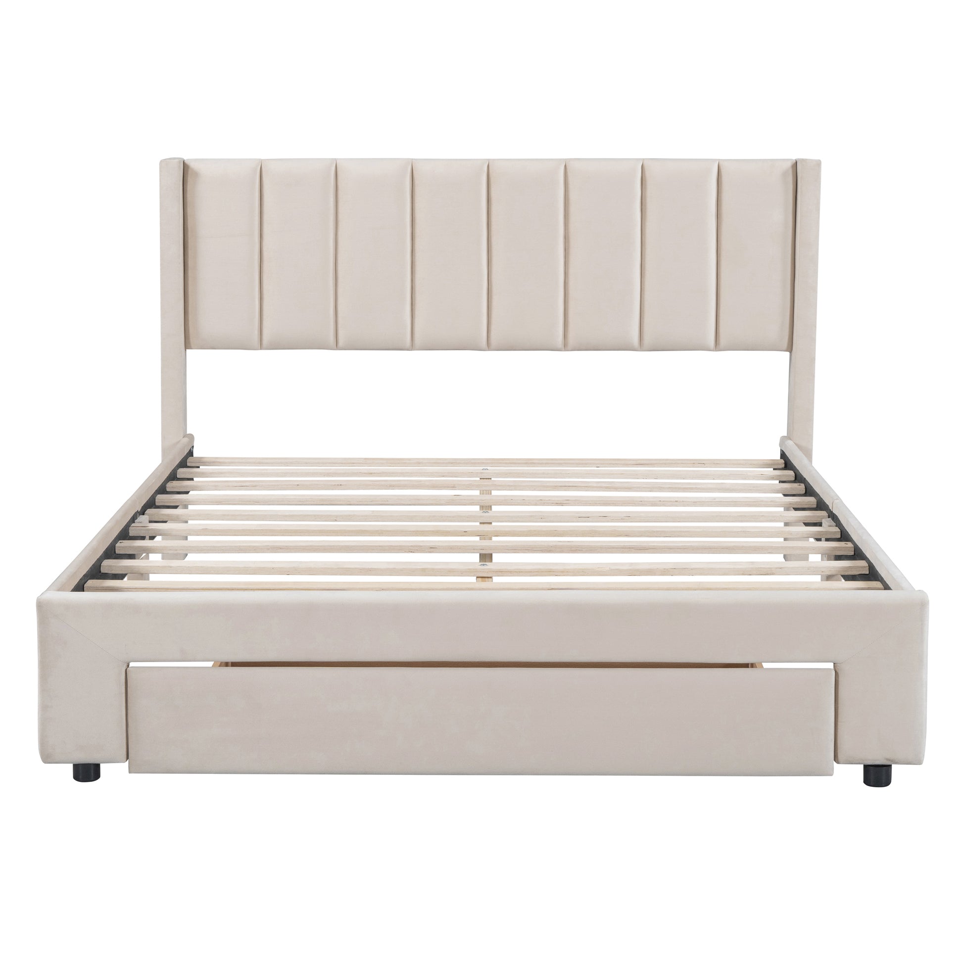 Full Size Storage Bed Velvet Upholstered Platform Bed With A Big Drawer Beige Old Sku:Wf296850Aaa Full Beige Velvet