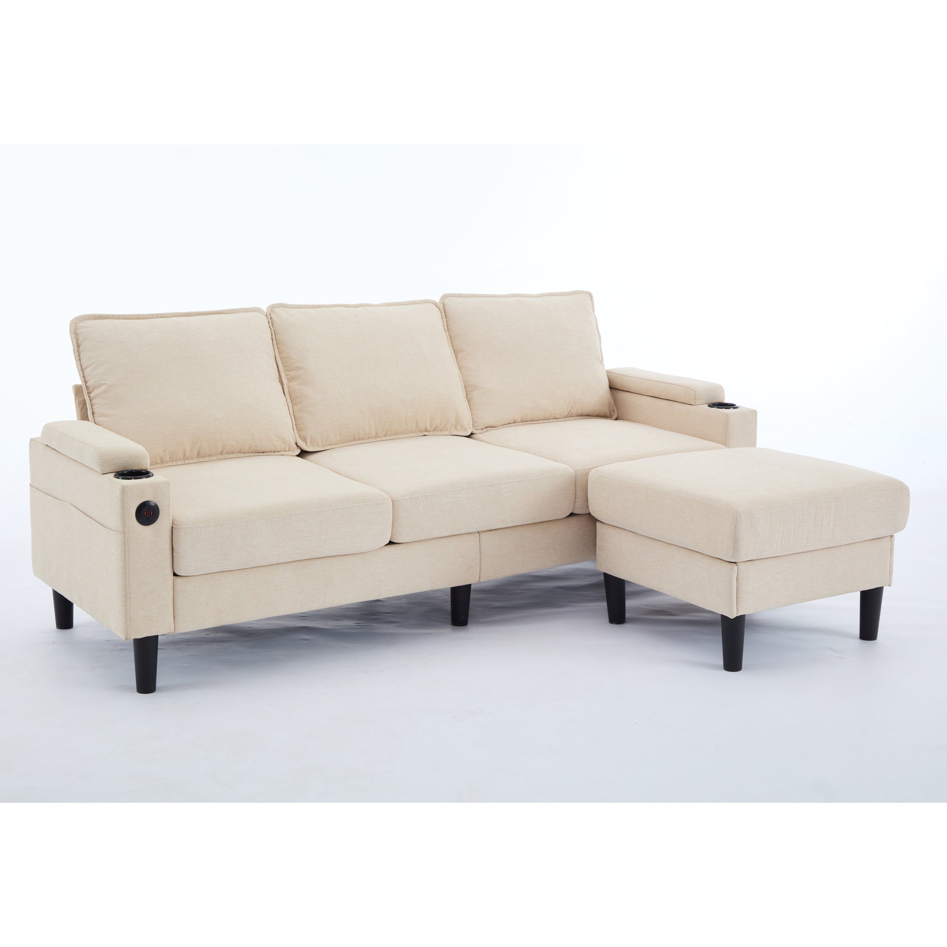 Beige Color Knock Down 3 Seat Combo Sofa With Storage Ottoman For Living Room Apartment Bedroom And Compact Room, Upholstered Sectional Couch, L Shaped Bench With A Footrest, A Individual Sto White Wood Primary Living Space Heavy Duty Pine 3 Seat Beige