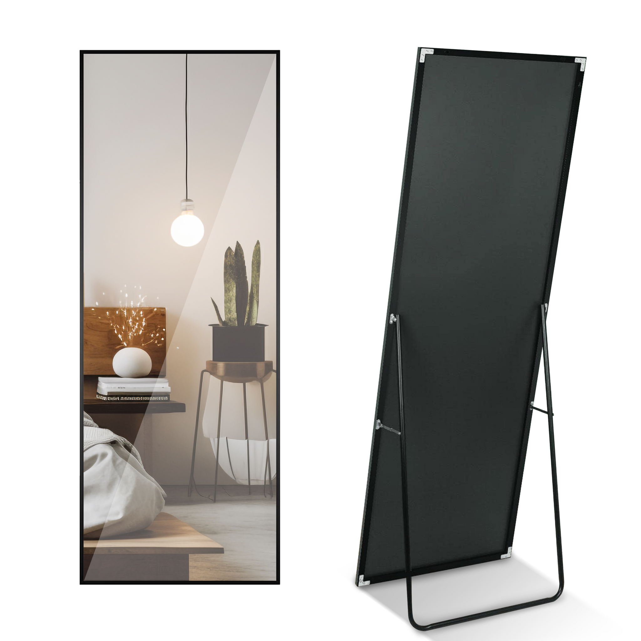 Full Length Mirror, Floor Mirror With Stand, Dressing Mirrorbedroom Mirror With Aluminium Frame 65"X22", Black Black Glass