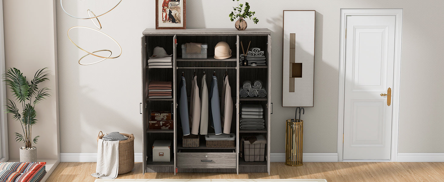 4 Door Mirror Wardrobe With Shelves, Gray Gray Plywood