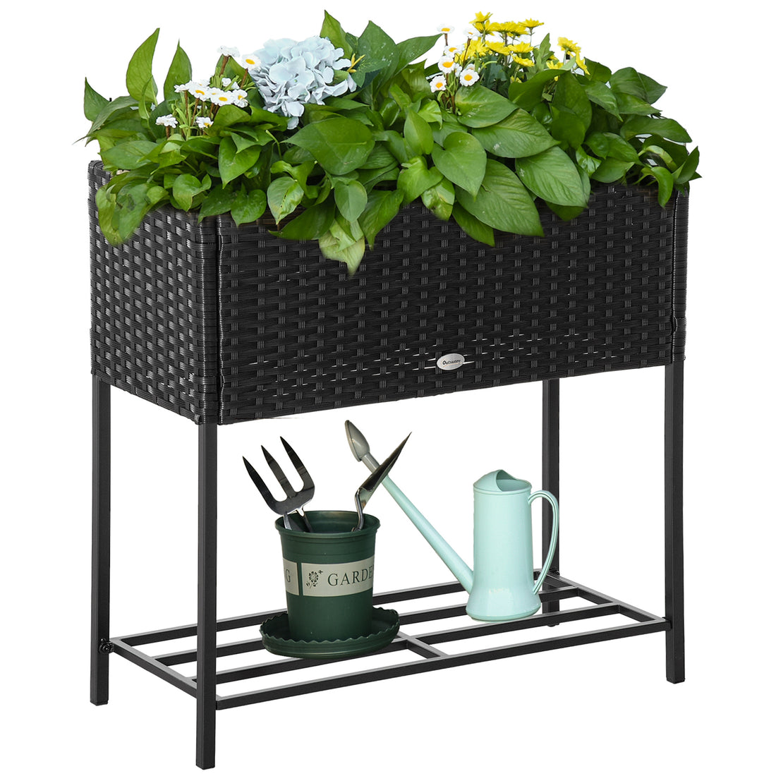 Outsunny Raised Garden Bed, Elevated Planter Box With Rattan Wicker Look, Tool Storage Shelf, Portable Design For Herbs, Vegetables, Flowers, Black Black Rattan