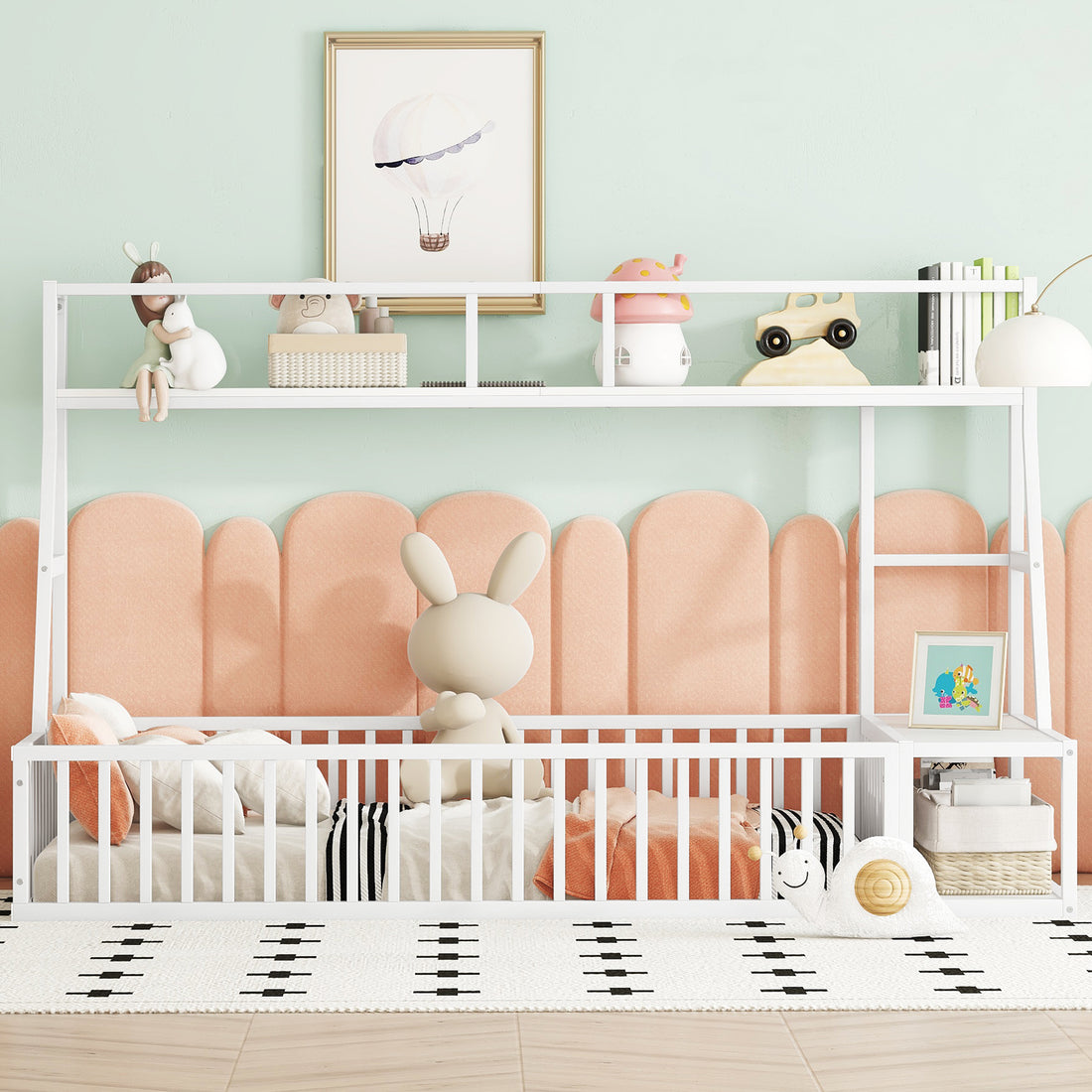 Twin Size Floor Bed Frame With Safety Fence, Metal Floor Bed With Desk And Storage Shelves, Playhouse For Kids, White Twin Off White Metal
