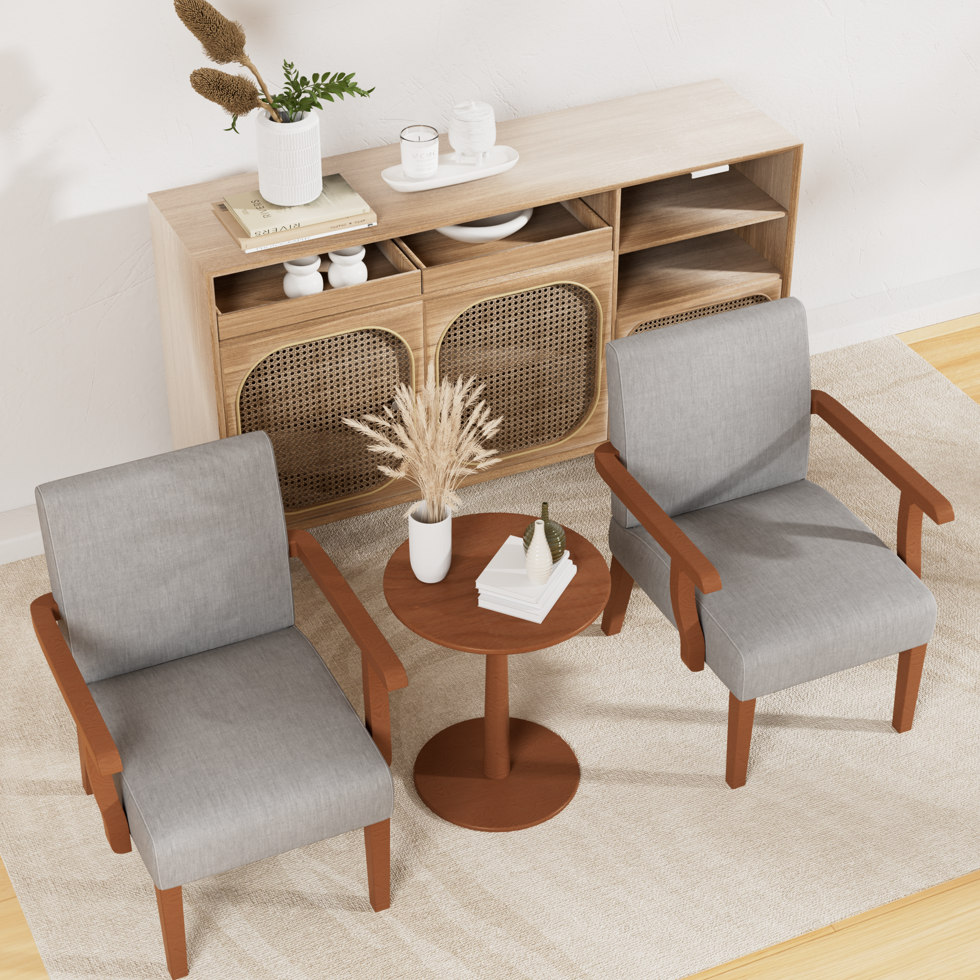 Fabric Accent Arm Chair Set Of 2 With Round Wood Table Light Gray Fabric