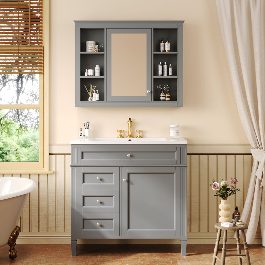 36'' Bathroom Vanity With Medicine Cabinet, Modern Bathroom Storage Cabinet With 2 Soft Closing Doors And 4 Drawers, Single Sink Bathroom Vanity Grey Bathroom Ceramic,Solid Wood Mdf