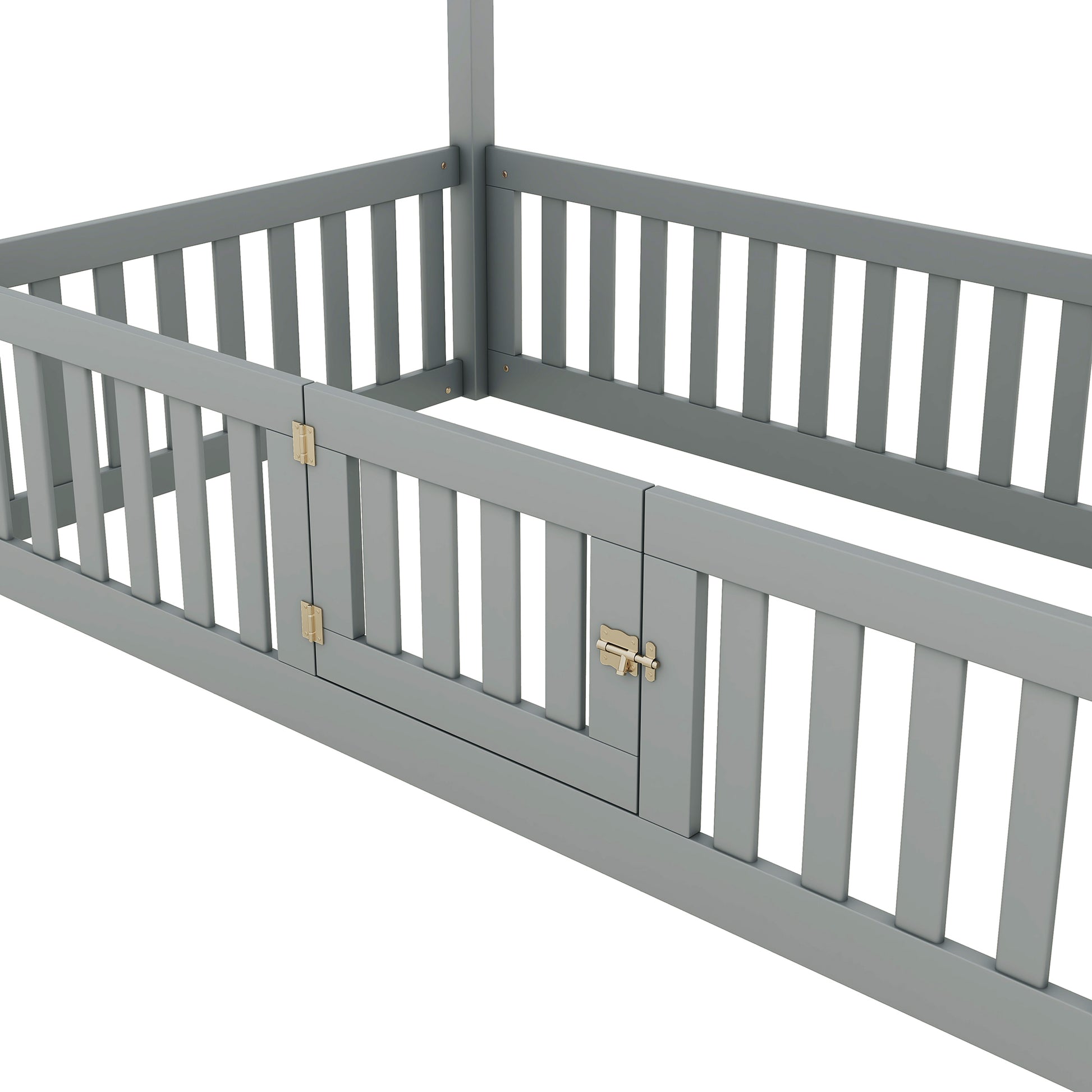 Twin Size Wood House Bed With Fence And Door, Gray Old Sku: Wf303131Aae Box Spring Not Required Twin Gray Wood Bedroom Bed Frame Pine