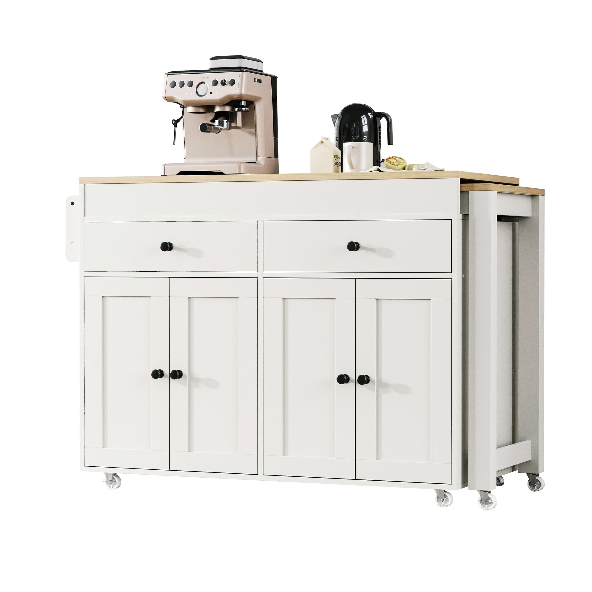 K&K 74.5 Inch Kitchen Island With Extendable Dining Tablerolling Kitchen Island On Wheels With Spice Rack And 2 Drawers, Kitchen Storage Cart With 4 Door Cabinet, For Kitchen, Dining Room, White Off