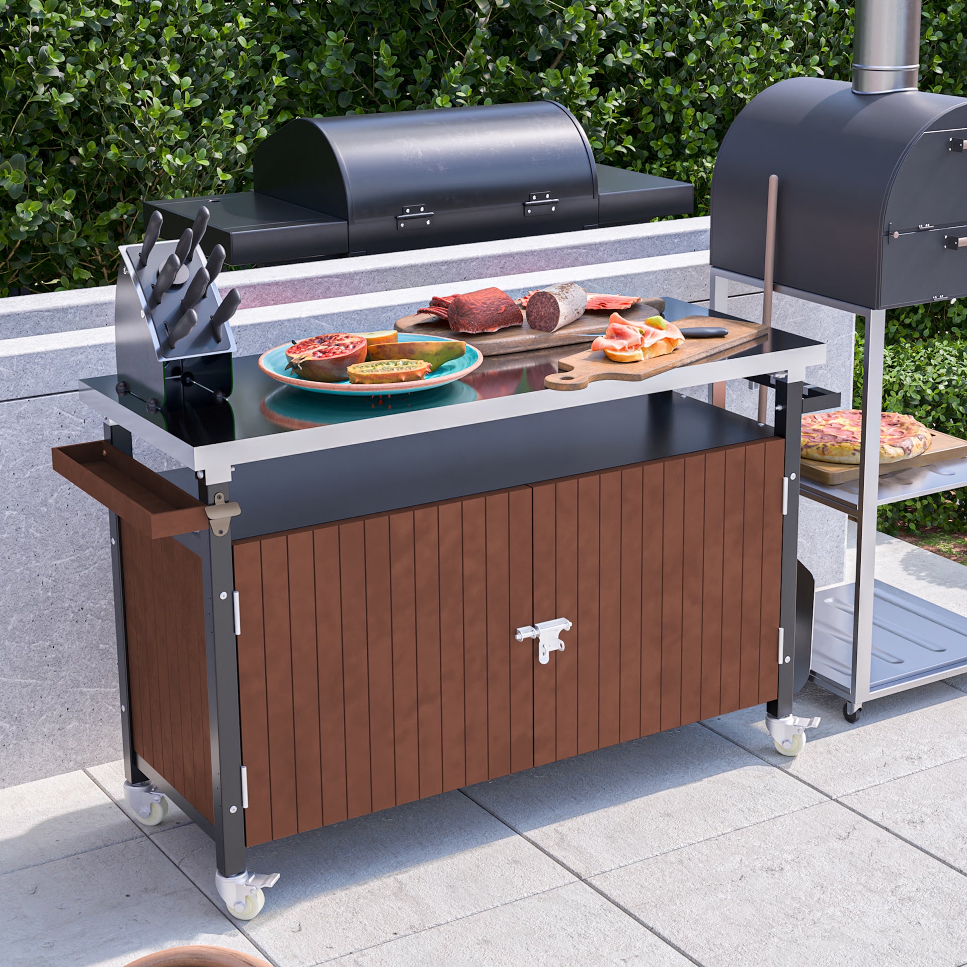 Outdoor Grill Cart With Stainless Steel Tabletop, Storage, Patio Kitchen Island With Wheels, Hooks, And Spice Rack, Waterproof Outdoor Grill Table, Movable Bbq Serving Cart Rolling Bar Cart Brown