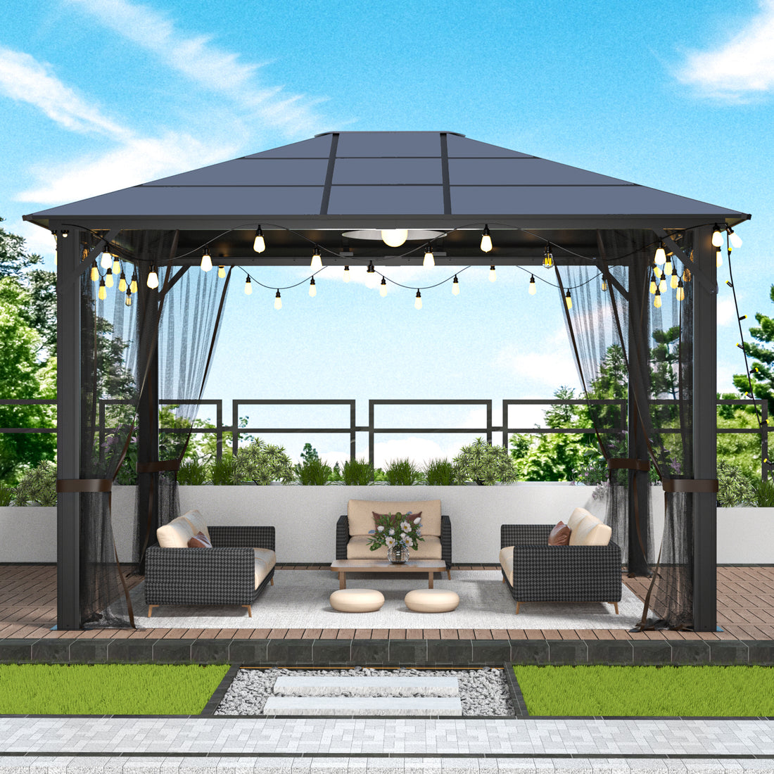 10X12 Hardtop Metal Gazebo,Heavy Duty Pergola With Mosquito Nets,Galvanized Steel&Polycarbonate Roof,Sturdy Outdoor Canopies Tent,Suitable For Gardens,Patio,Backyard Black Metal