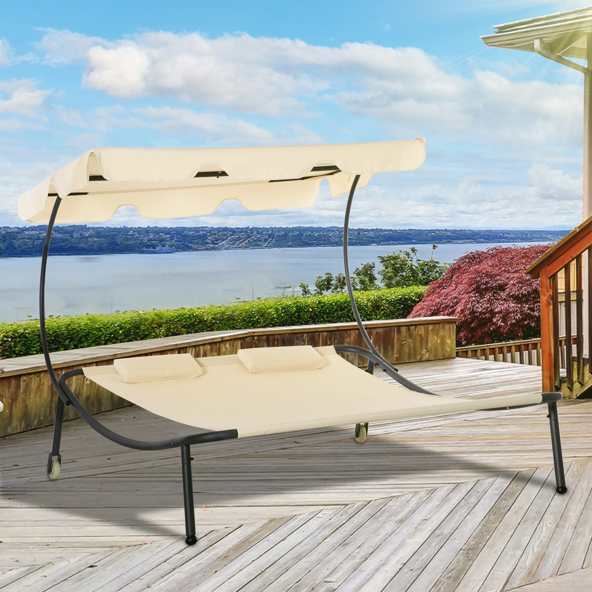 Outsunny Patio Double Chaise Lounge Chair, Outdoor Wheeled Hammock Daybed With Adjustable Canopy And Pillow For Sun Room, Garden, Or Poolside, Beige Beige Steel