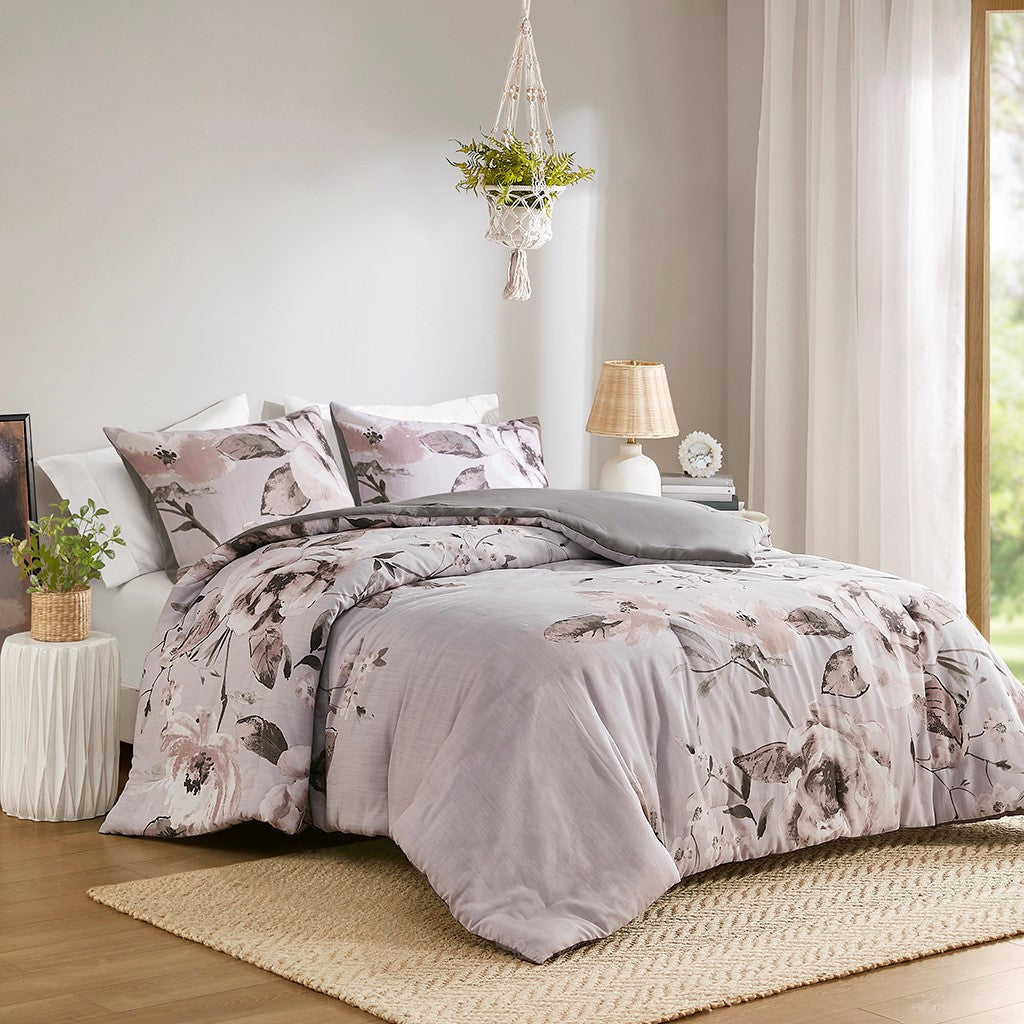 3 Piece Floral Printed Comforter Set Lilac Full Queen Full Lilac Cotton