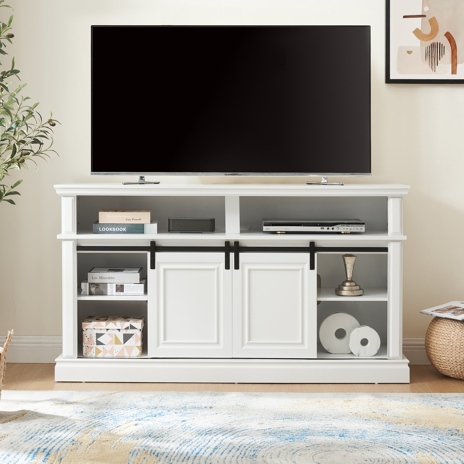 Media Console Table With Storage Cabinet, Mid Century Modern Tv Console With 23" Fireplace Insert, Multipurpose Sliding Door Tv Cabinet Large Storage Space, 58.11"W*15.79"D*32.36"H Antique White Antique White 60 69 Inches 60 69 Inches 60 Inches Mdf