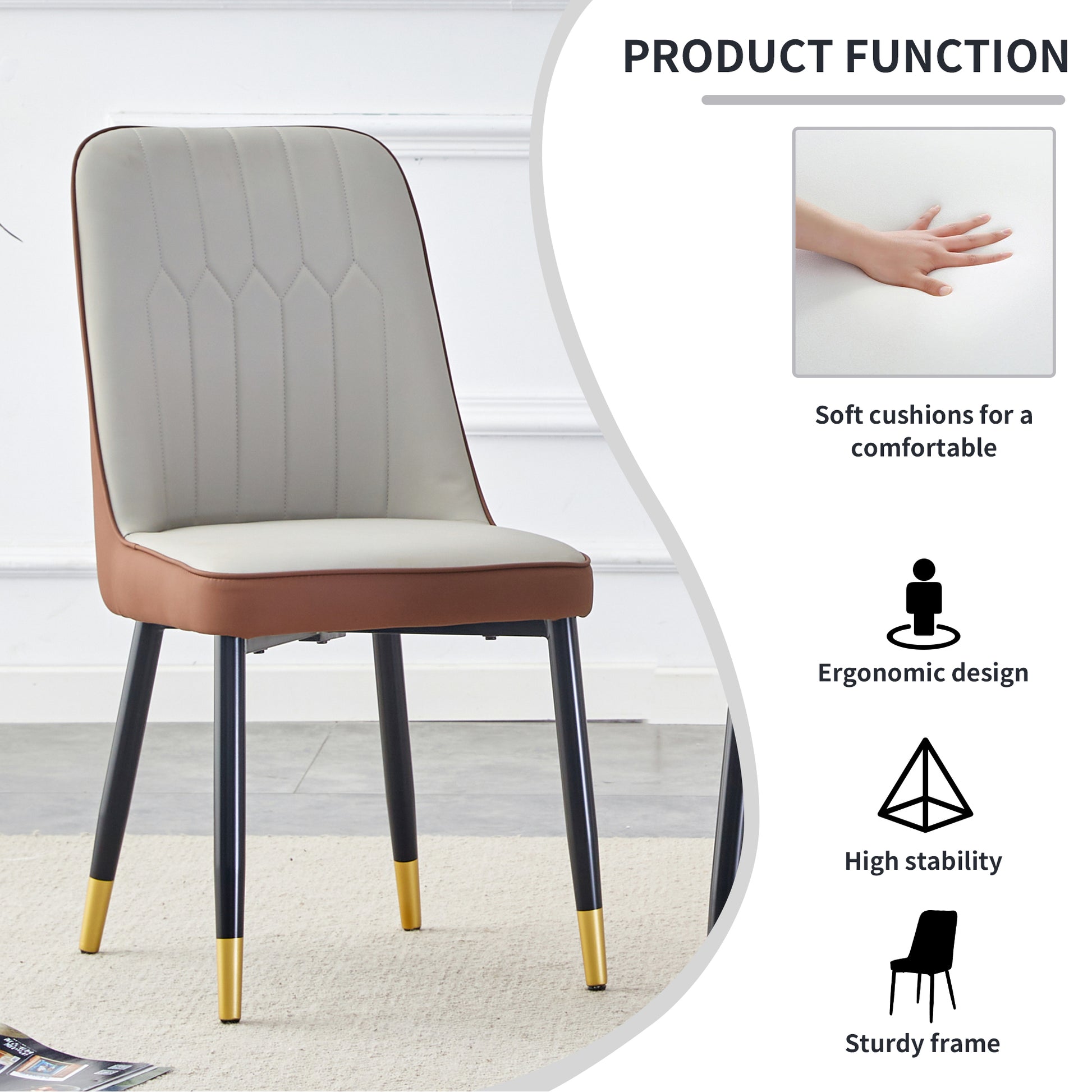 Table And Chair Set.A Morden Table With White Imitation Marble Patterned Stone Burning Tabletop With Golden Metal Legs.Paried With 4 Chairs With Pu Leather Backrest And Black Metal Legs. Grey Brown,White Gold Seats 4 Metal,Sintered Stone