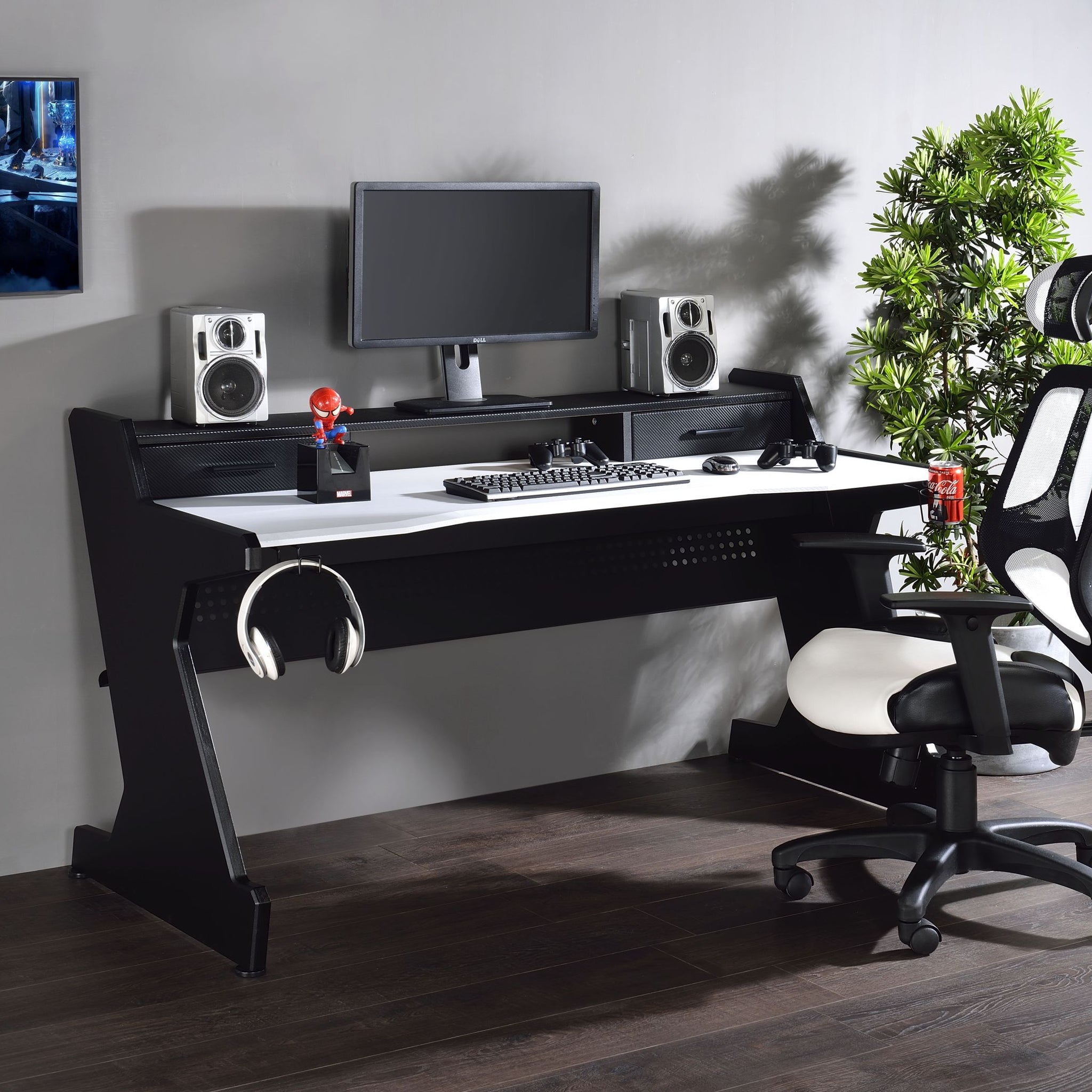 Black And White 2 Drawer Gaming Desk White Black Primary Living Space Wood Metal