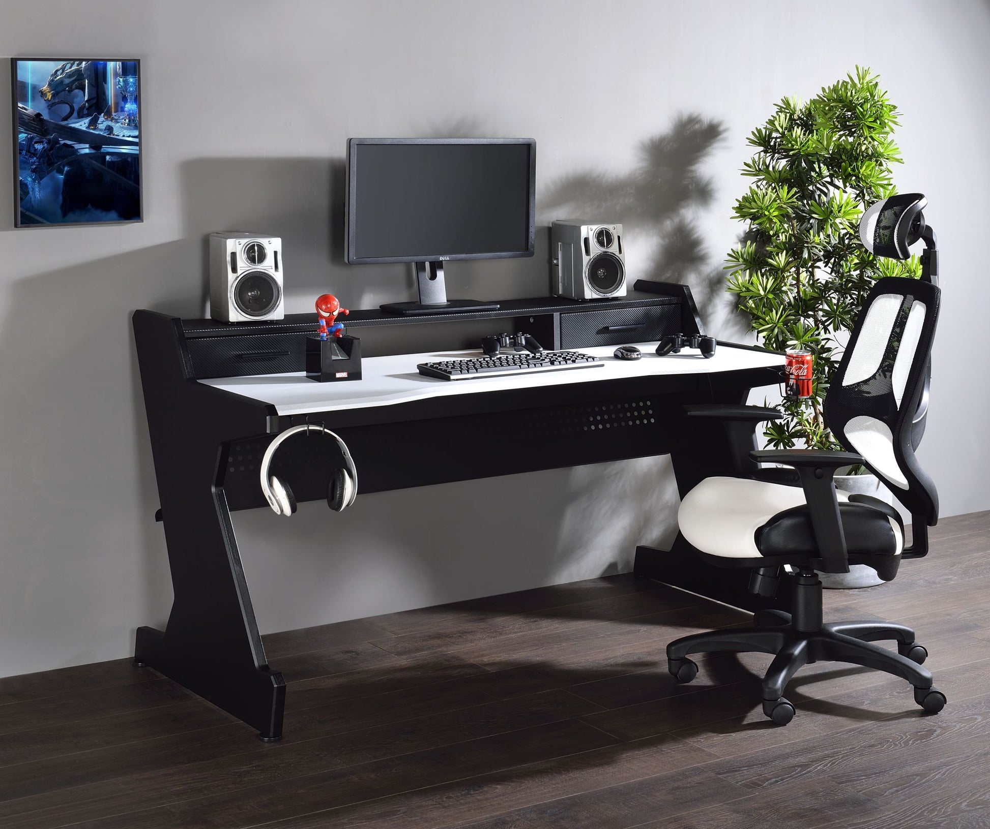 Black And White 2 Drawer Gaming Desk White Black Primary Living Space Wood Metal