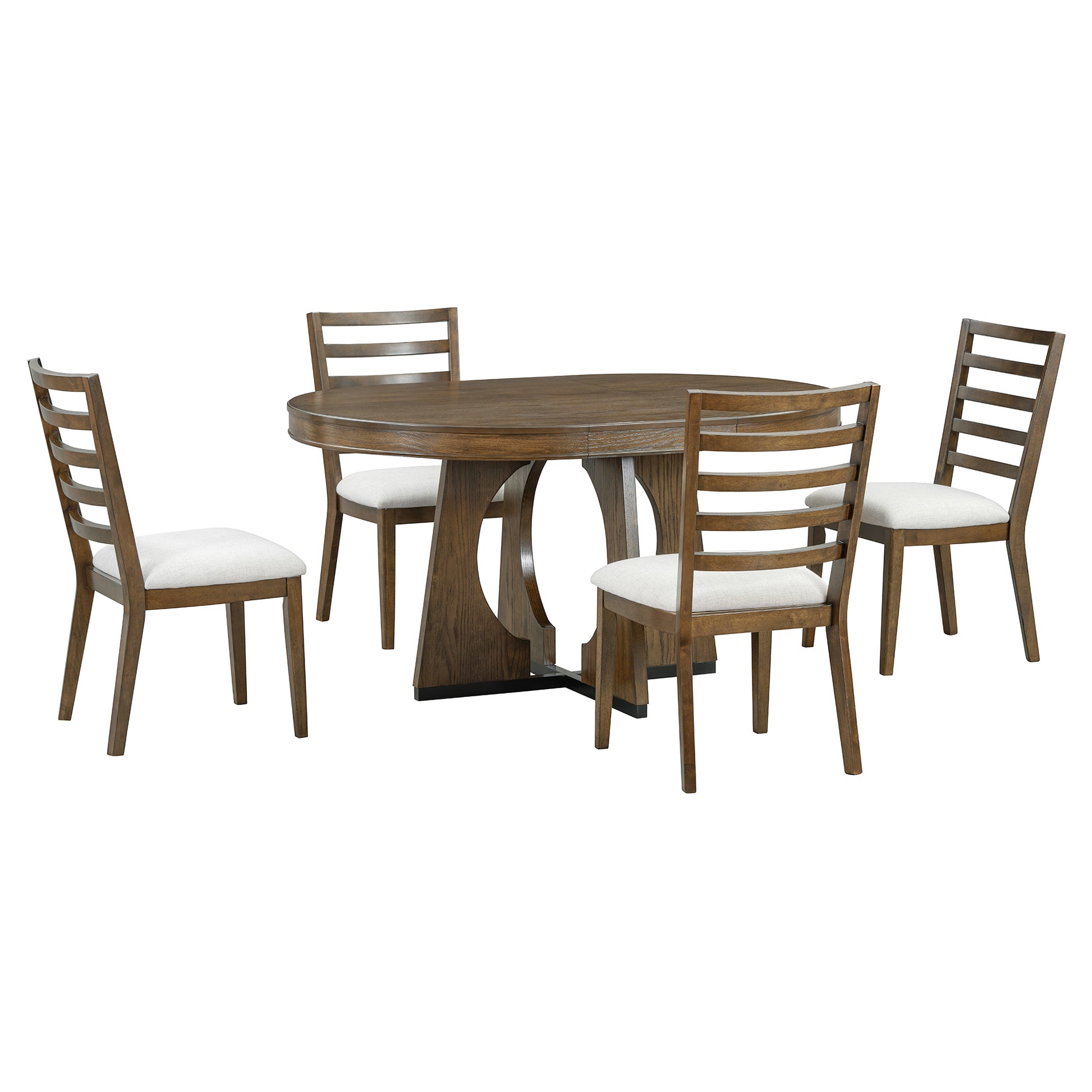 5 Piece Retro Rustic Functional Dining Set Unique Geometric Design, 1 Extendable Table With A 16 Inch Leaf And 4 Upholstered Chairs Ideal For Dining Room And Kitchen Walnut Walnut Solid Wood Mdf