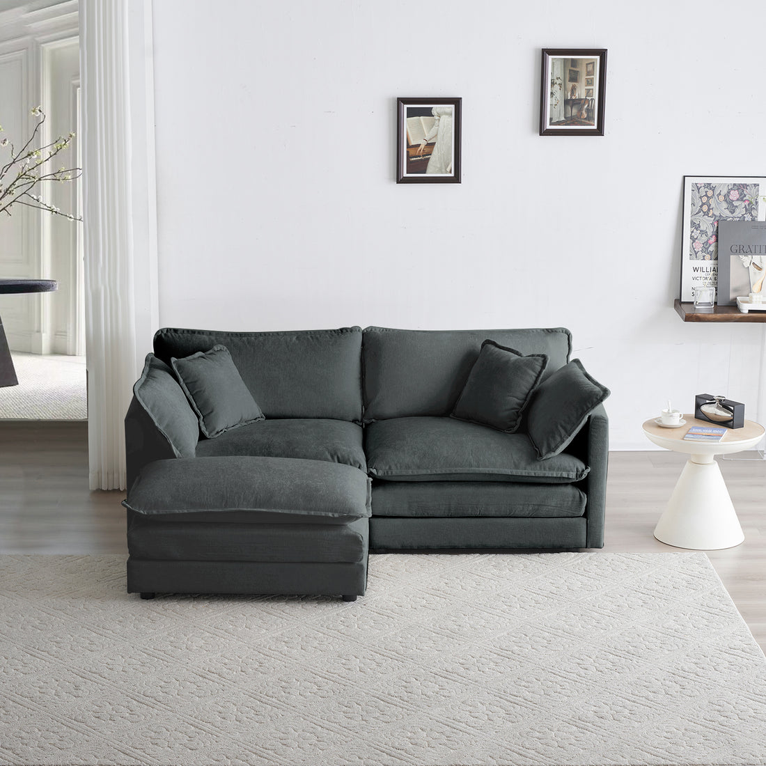 Chenille Two Seater Sofa With 1 Footrest, 2 Seater L Shaped Sectional With Ottoman,Loveseat With Ottoman For Small Living Space, Gray Chenille Gray Chenille 2 Seat