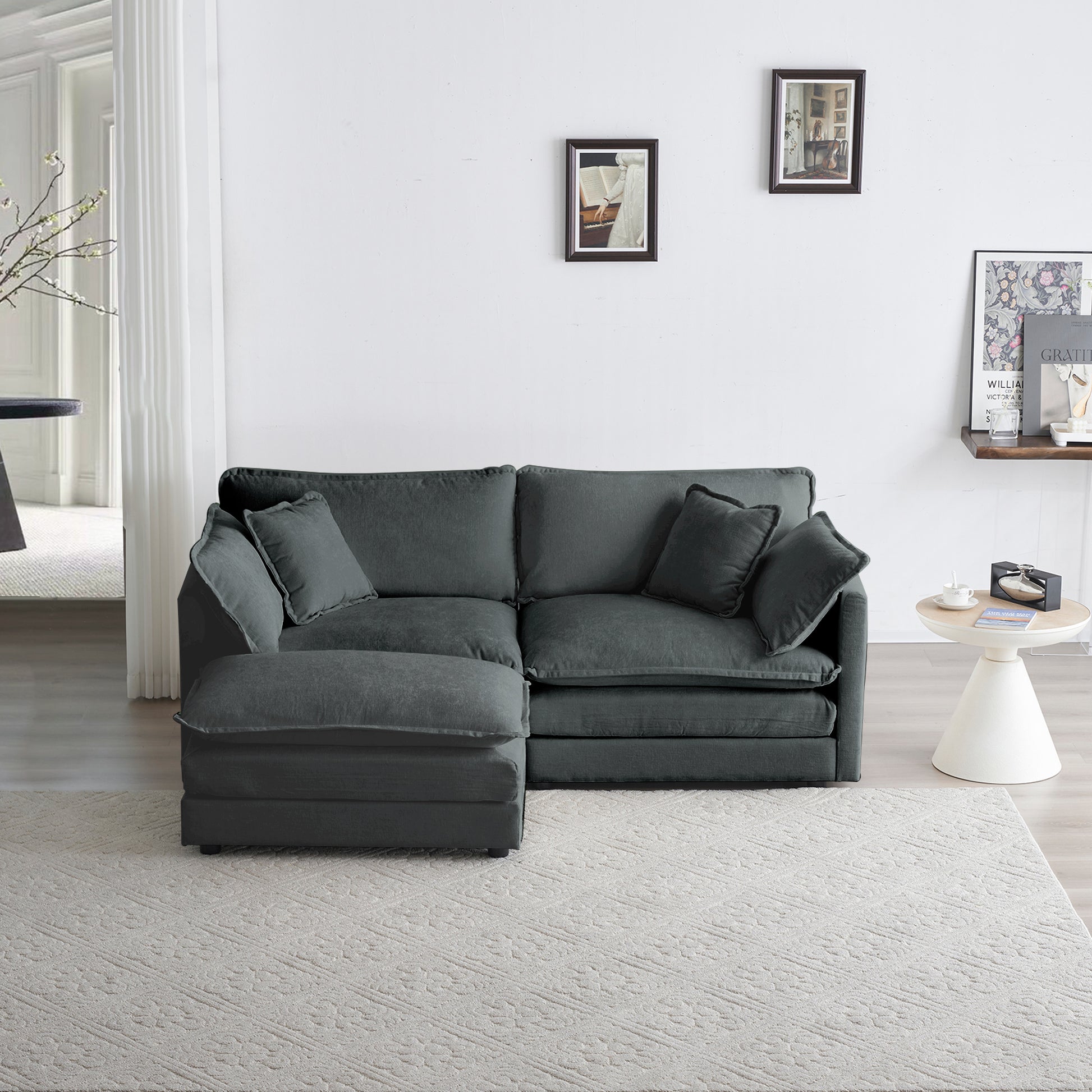 Chenille Two Seater Sofa With 1 Footrest, 2 Seater L Shaped Sectional With Ottoman,Loveseat With Ottoman For Small Living Space, Gray Chenille Gray Chenille 2 Seat