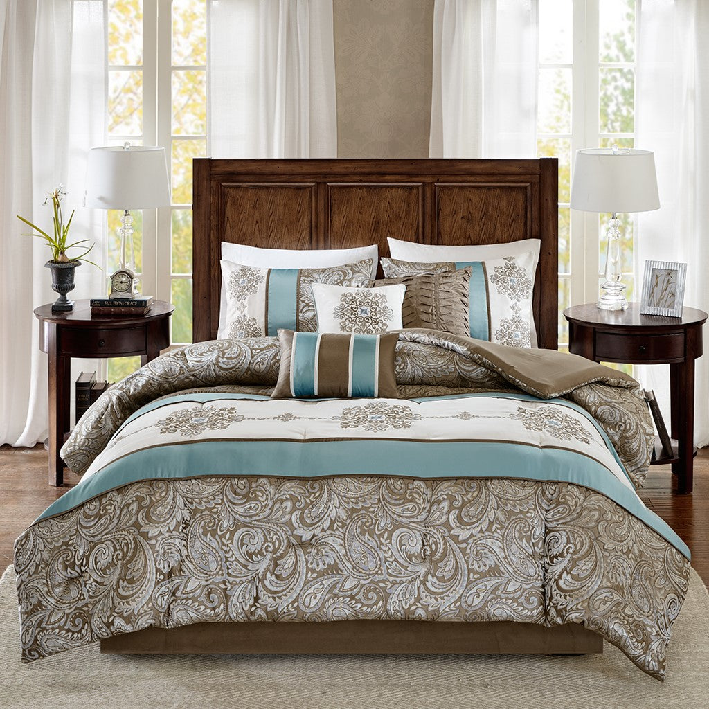 Jacquard 7 Piece Comforter Set Blue King King Blue Polyester
