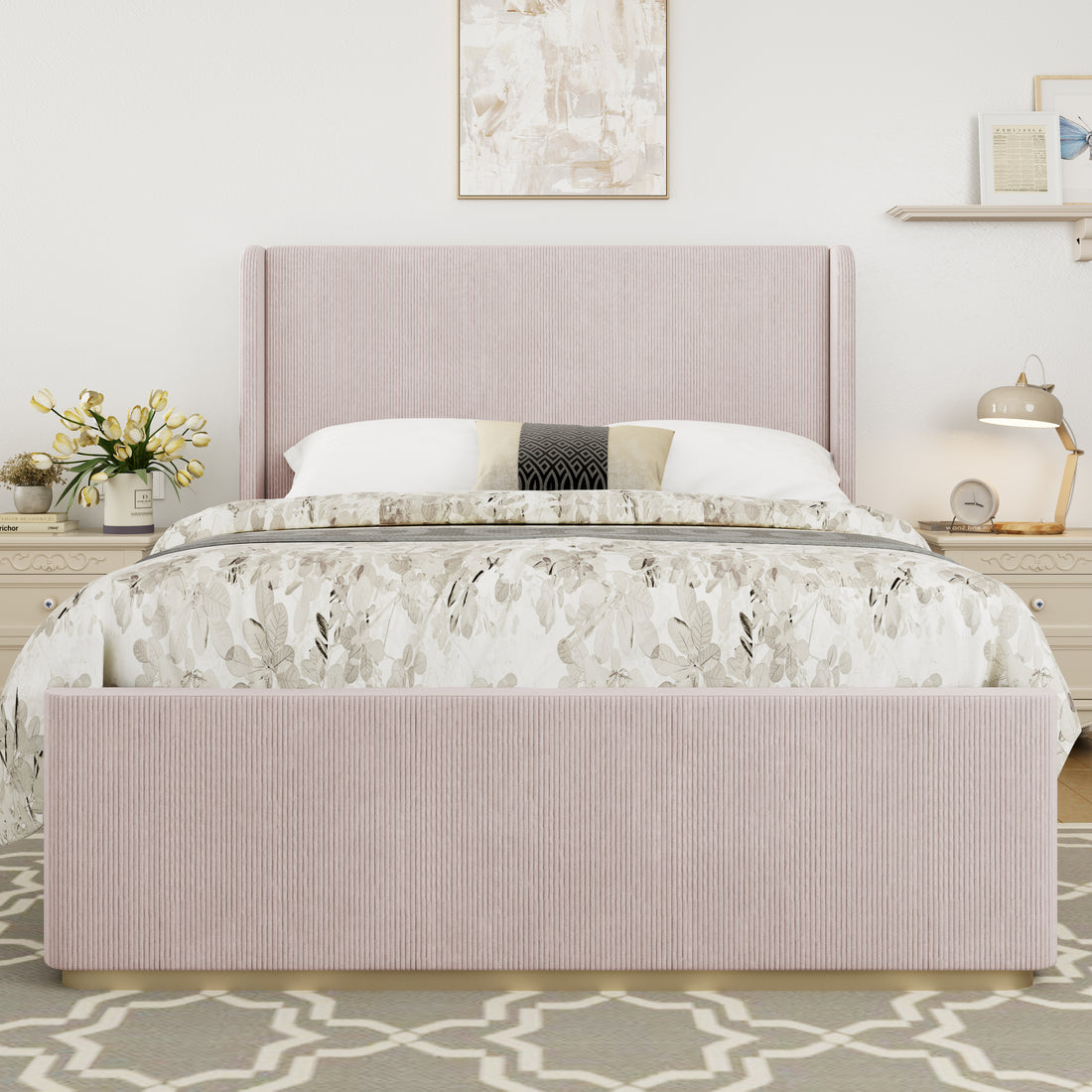 King Size Corduroy Upholstered Bed Frame With Vertical Stripe Wingback Headboard And High Footboard, Pink Pink Wood