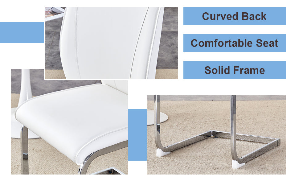Luxury Simple Arch Chair Set Of 4 White Pu Material High Resilience Dining Chair With Arched Metal Silver Leg. White Silver Metal,Pu