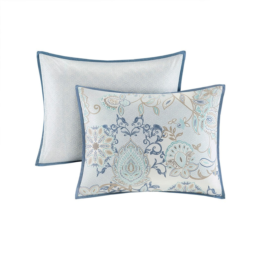 8 Piece Cotton Floral Printed Reversible Comforter Set Blue King King Blue Cotton