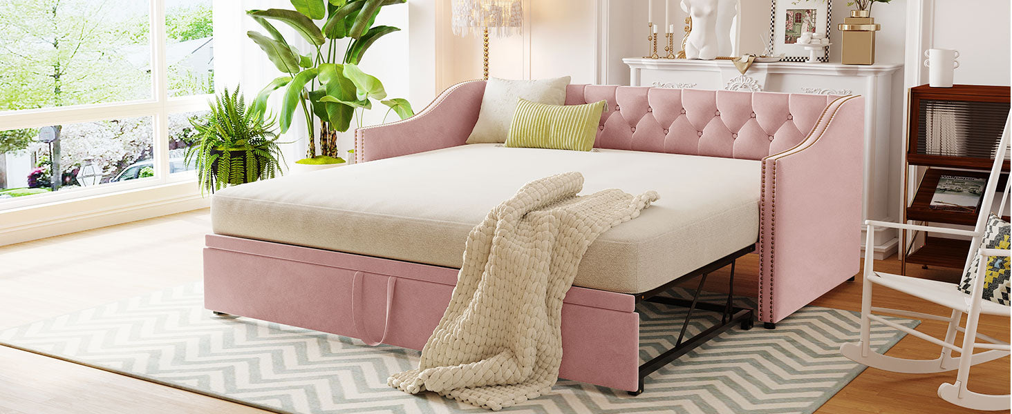 Twin Size Upholstered Daybed With Pop Up Trundle, Pink Twin Pink Upholstered