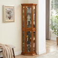 Corner Curio Cabinet With Lights, Adjustable Tempered Glass Shelves, Mirrored Back, Display Cabinet,Oak E26 Light Bulb Not Included Oak Mdf