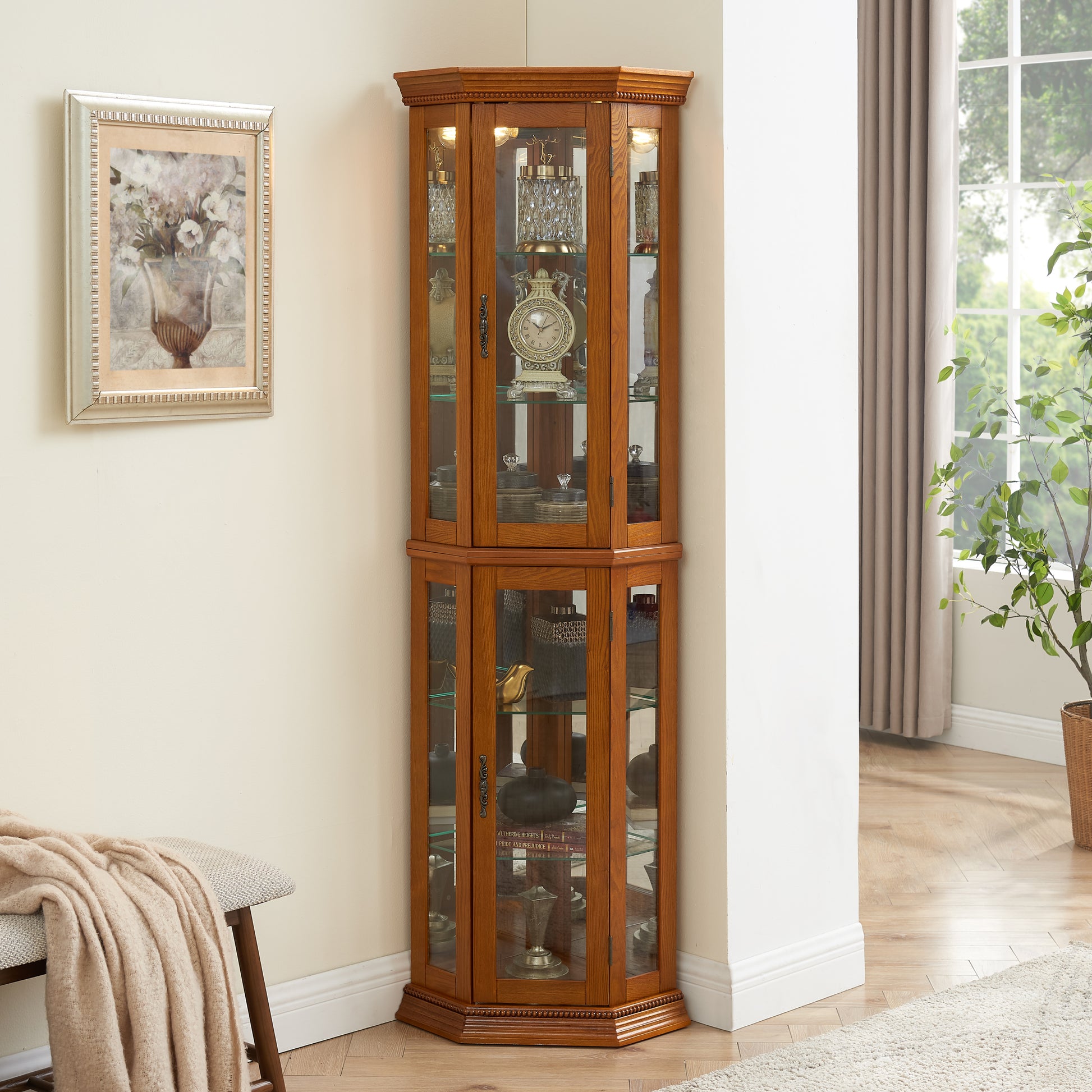 Corner Curio Cabinet With Lights, Adjustable Tempered Glass Shelves, Mirrored Back, Display Cabinet,Oak E26 Light Bulb Not Included Oak Mdf