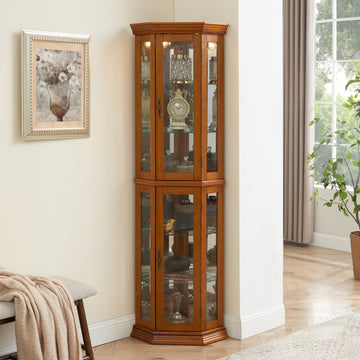 Corner Curio Cabinet With Lights, Adjustable Tempered Glass Shelves, Mirrored Back, Display Cabinet,Oak E26 Light Bulb Not Included Oak Mdf
