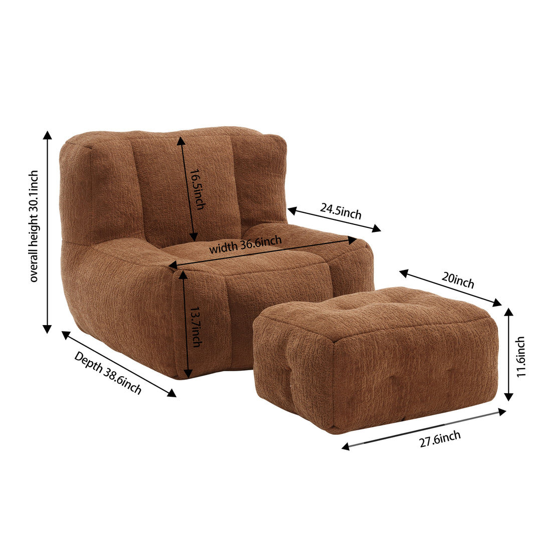 Fluffy Bean Bag Chair, Comfortable Bean Bag For Adults And Children, Super Soft Lazy Sofa Chair With Memory Foam And Ottoman, Indoor Modern Focus Bean Bag Chair For Living Room, Bedroom, Apartment Brown Velvet