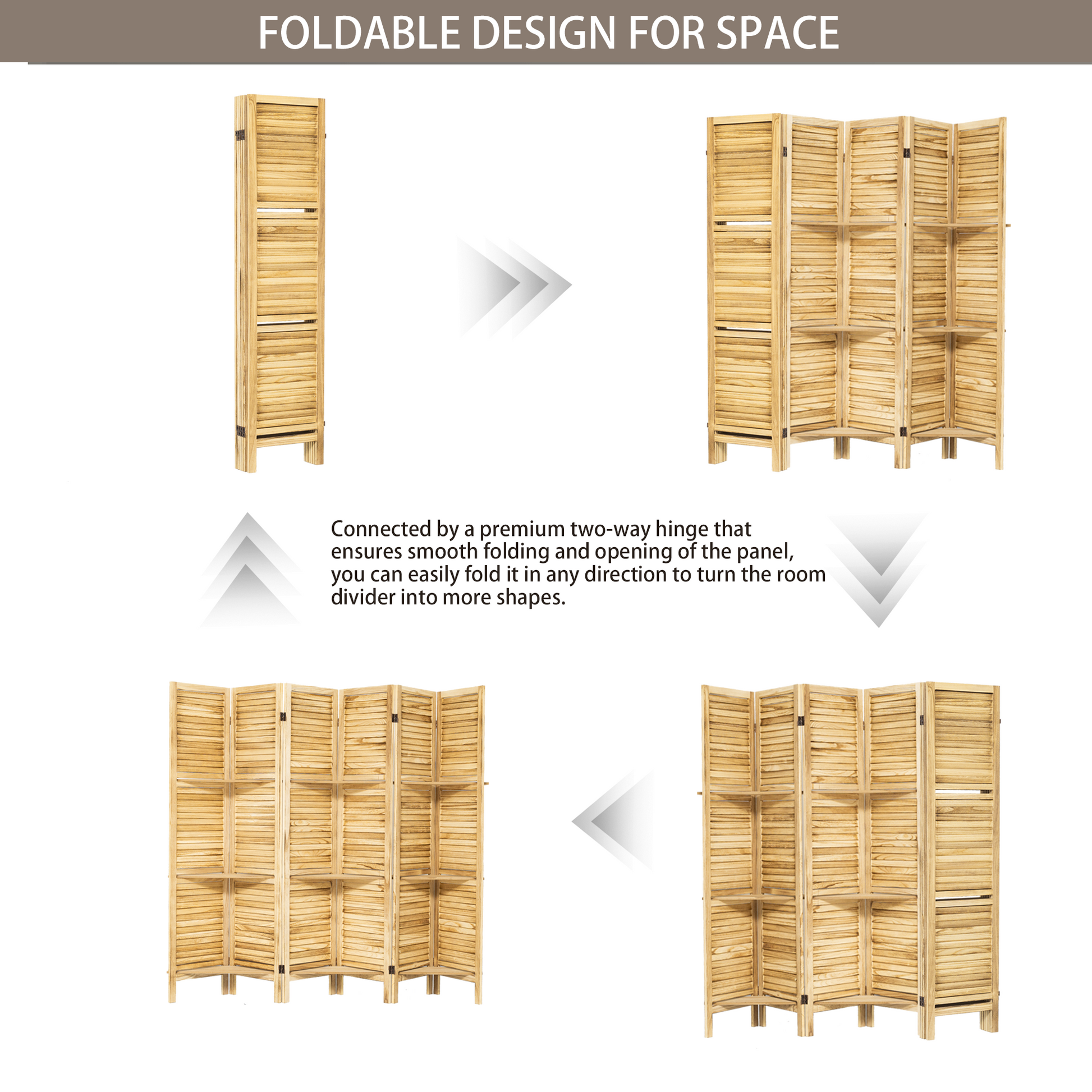 Room Divider 6 Panel, Wood Folding Room Divider Screen, Room Divider With Shelves And Easy Move Partition, Freestanding Room Screen Divider With Display Shelves Natural Color Natural Wood Rustic Wood