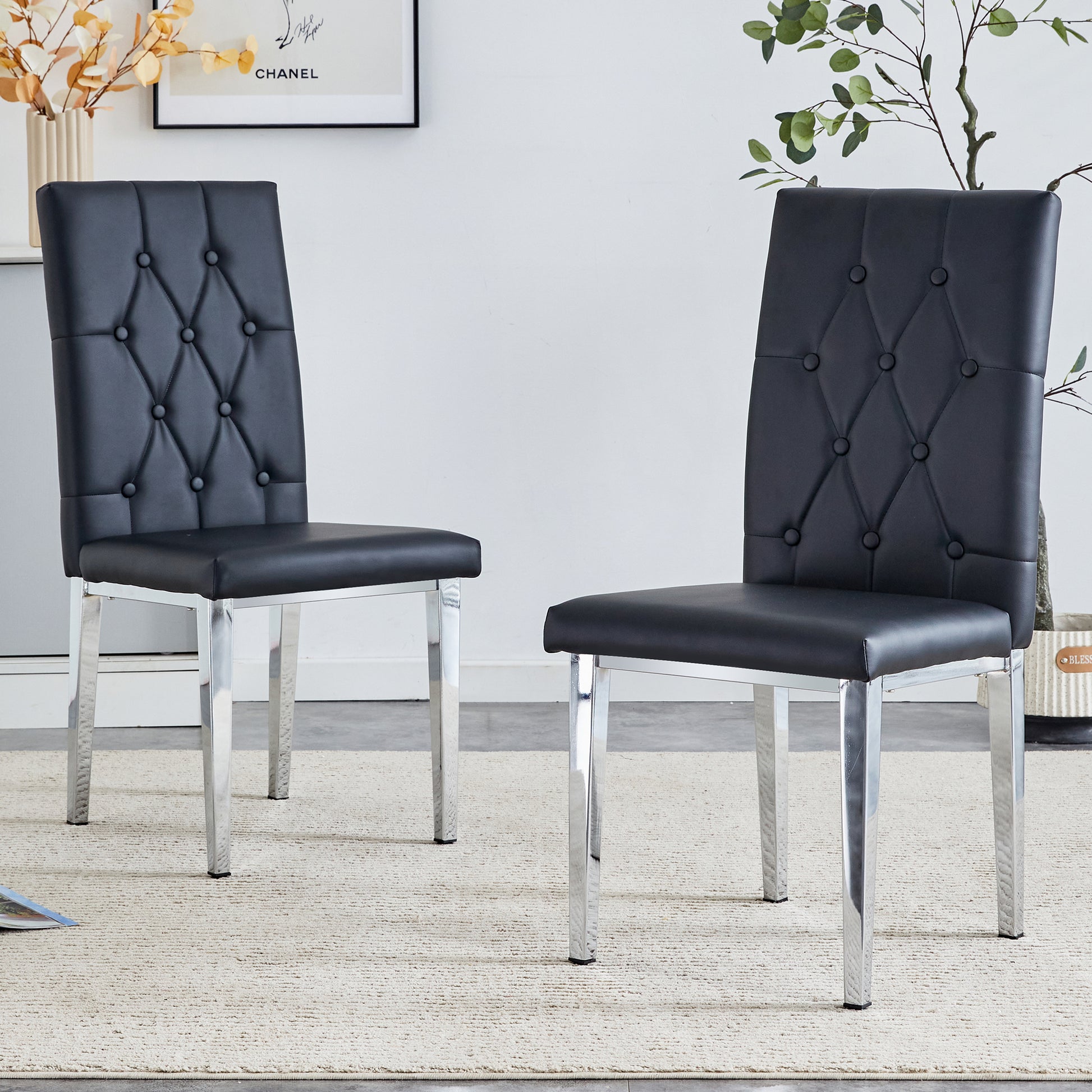 2 Piece Dining Chair, Modern Style Kitchen Upholstered High Back, Metal Leg Office Chair, Suitable For Dining Room, Office, Restaurant. Black Set Of 2 Pu