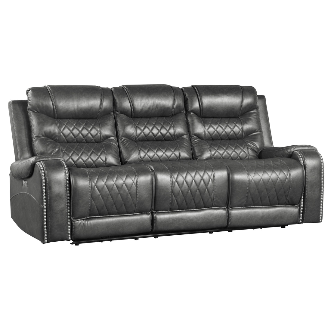 Luxurious Living Room Furniture Grayfaux Leather Upholstery 1Pc Power Double Reclining Sofa With Center Drop Down Cup Holders, Usb Ports, Diamond Pattern Stitching Gray Faux Leather Wood Primary Living Space Luxury,Modern Solid Wood 3 Seat