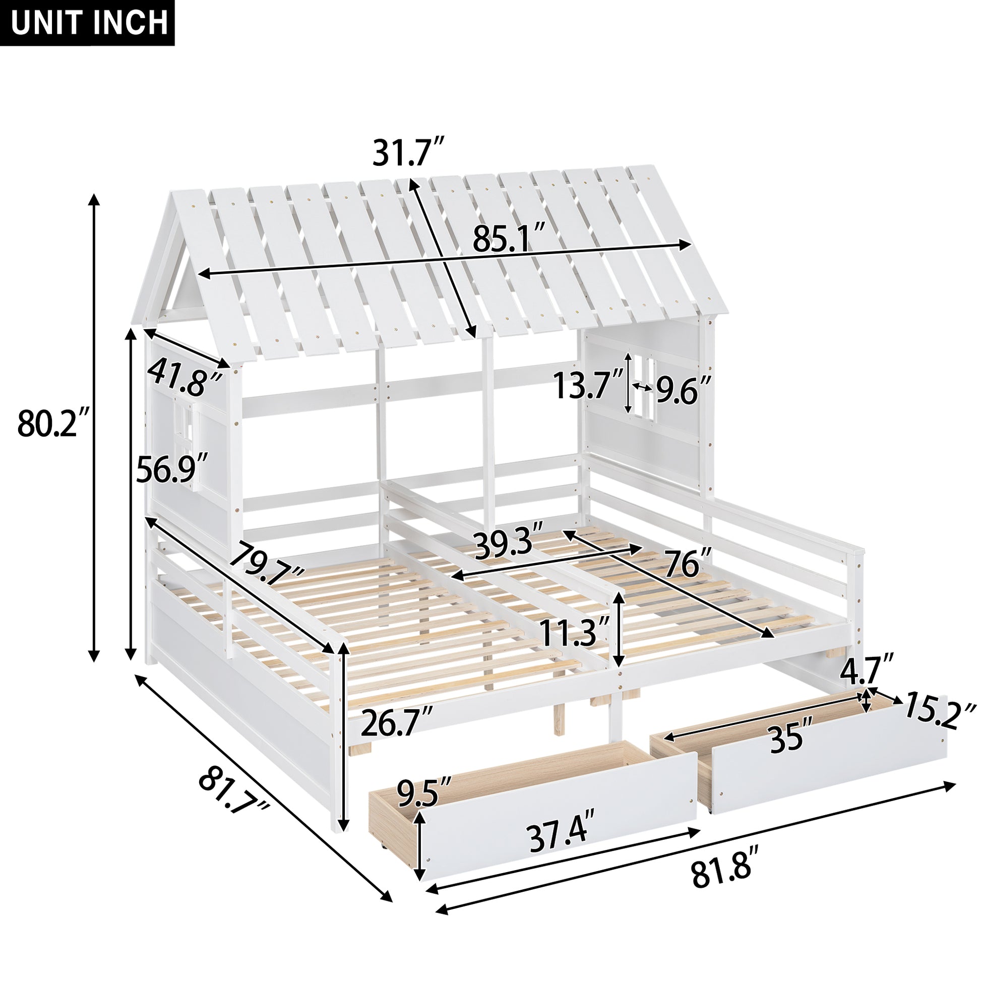 Twin Size House Platform Beds With Two Drawers For Boy And Girl Shared Beds, Combination Of 2 Side By Side Twin Size Beds,White Twin White Solid Wood Mdf