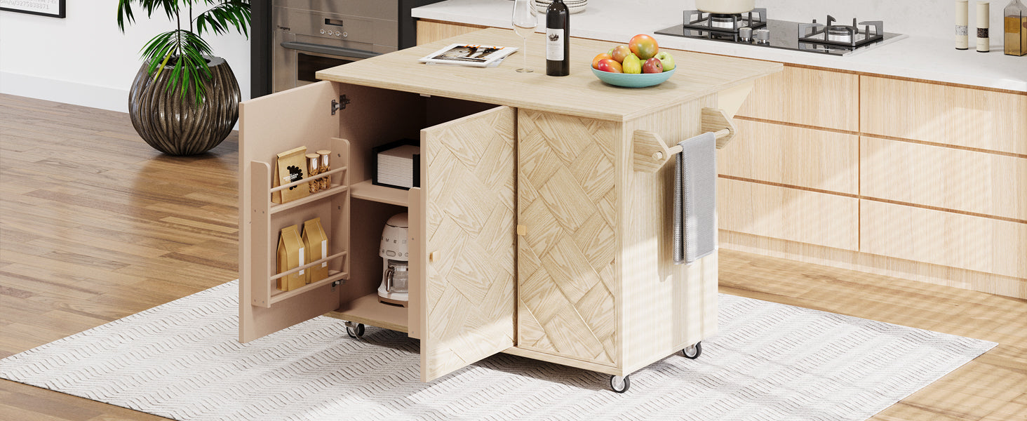 K&K 51.2"W Ash Veneer Not Cheap Paper Solid Wood Handwoven Kitchen Island With Drop Leaf, Coastal Kitchen Island On Wheels With Internal Storage Rack, Rolling Kitchen Cart, Nature Wood Natural Wood