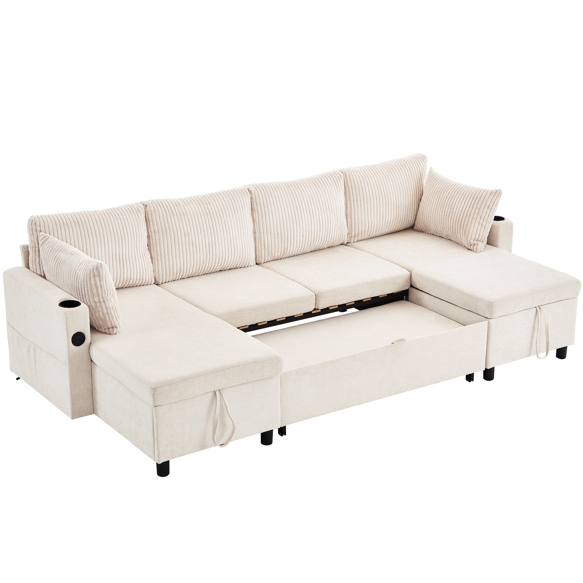 111.8" Sectional Sofa Pull Out Sofa Bed Versatile Sofa Sleeper With Large Storage Space, Two Usb Ports And Two Cup Holders For Living Room, Beige Beige Foam Chenille 4 Seat