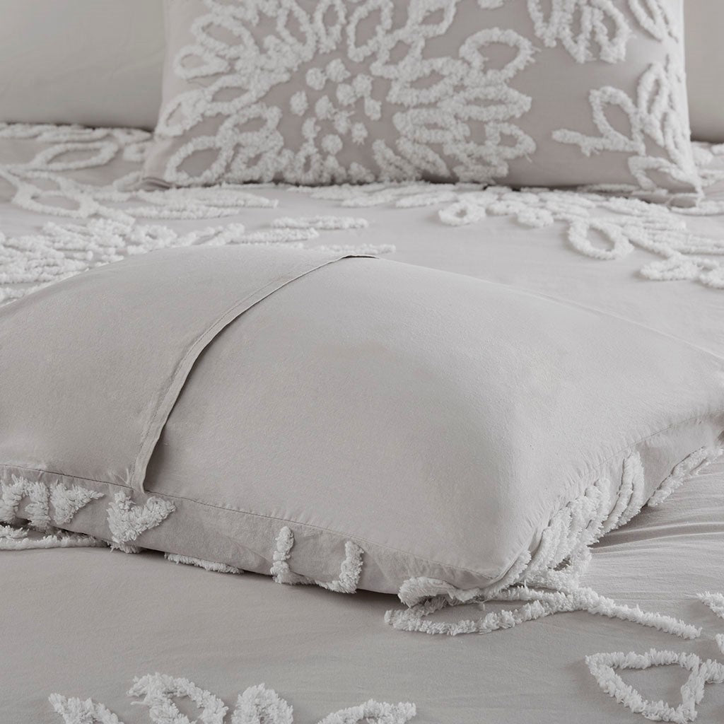 3 Piece Tufted Cotton Chenille Floral Duvet Cover Set King Grey Cotton