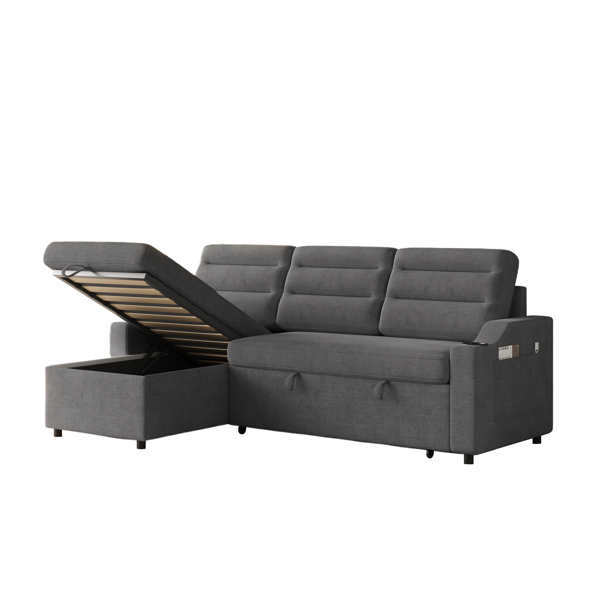 Mh83.5" Convertible Sleeper Combo Sofa, Convertible Sofa Bed Polyester Pullout Bed With Storage Recliner And Cup Holder For Living Room, Tight Spaces Dark Grey Polyester Wood Primary Living Space Pine Foam Fabric 3 Seat