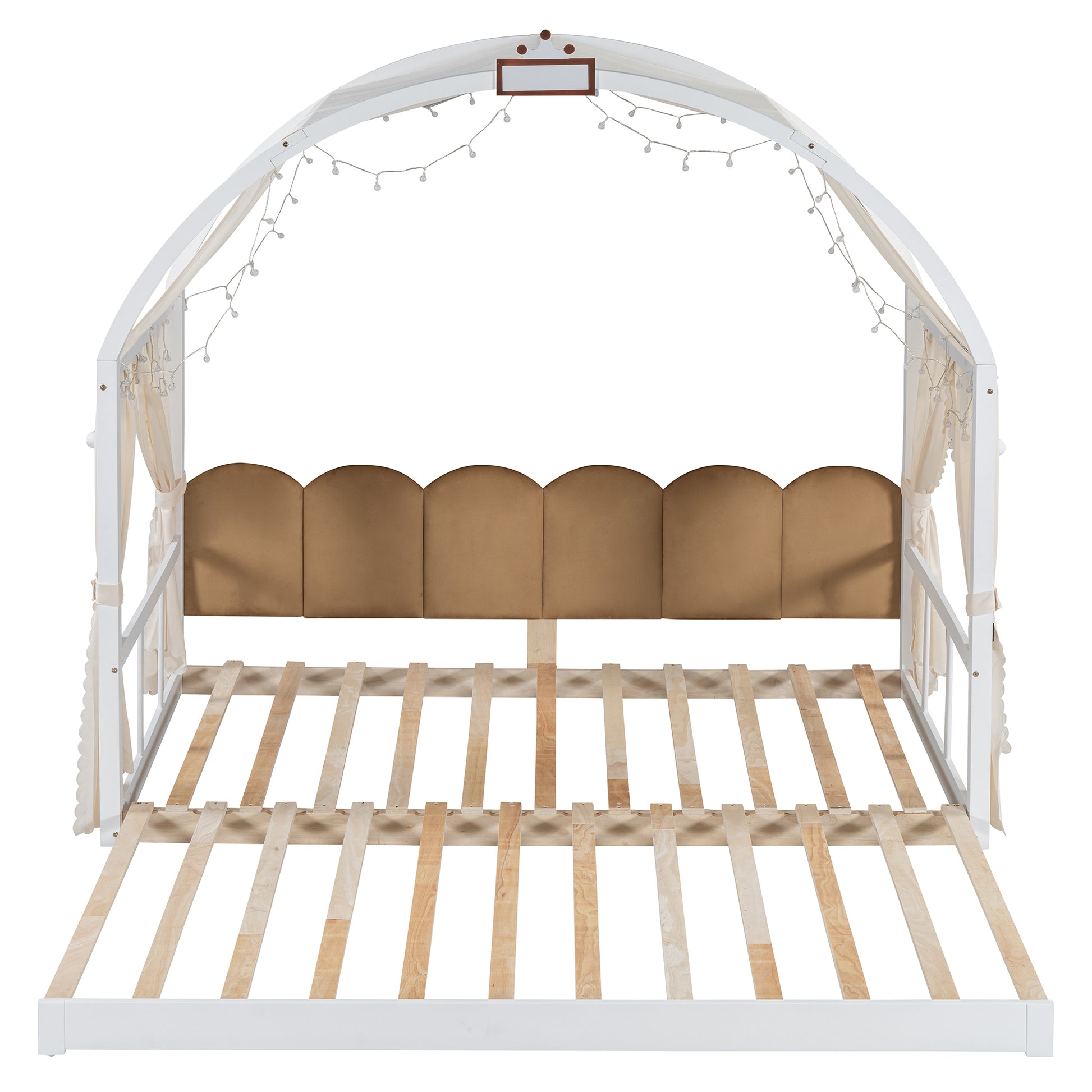 Twin Size Extended Bed With Arched Roof And Trundle, White Twin White Plywood