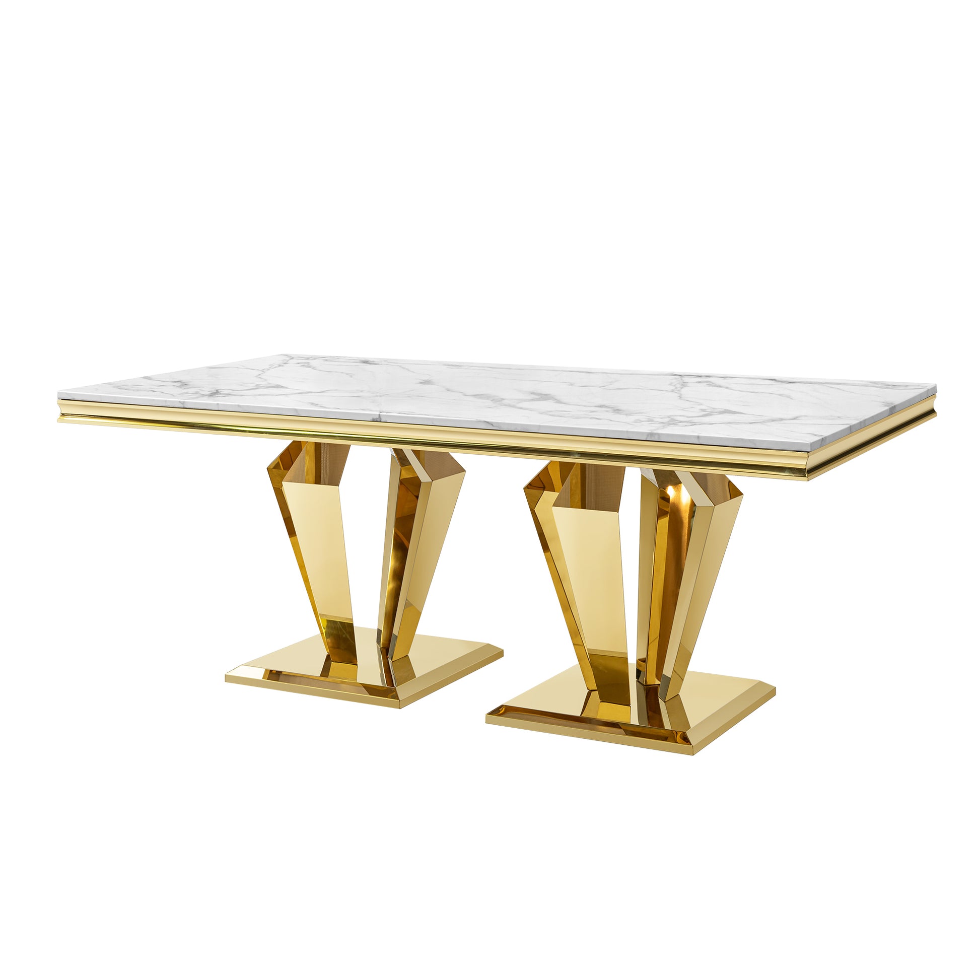 Dining Table For 6 Or 8, Rectangular 78.74" L X 39.37" W X 29.92" H Gold Polished Stainless Steel Base Mdf Marble Top Gold Seats 6 Dining Room Modern Kitchen & Dining Tables Rectangular Stainless Steel