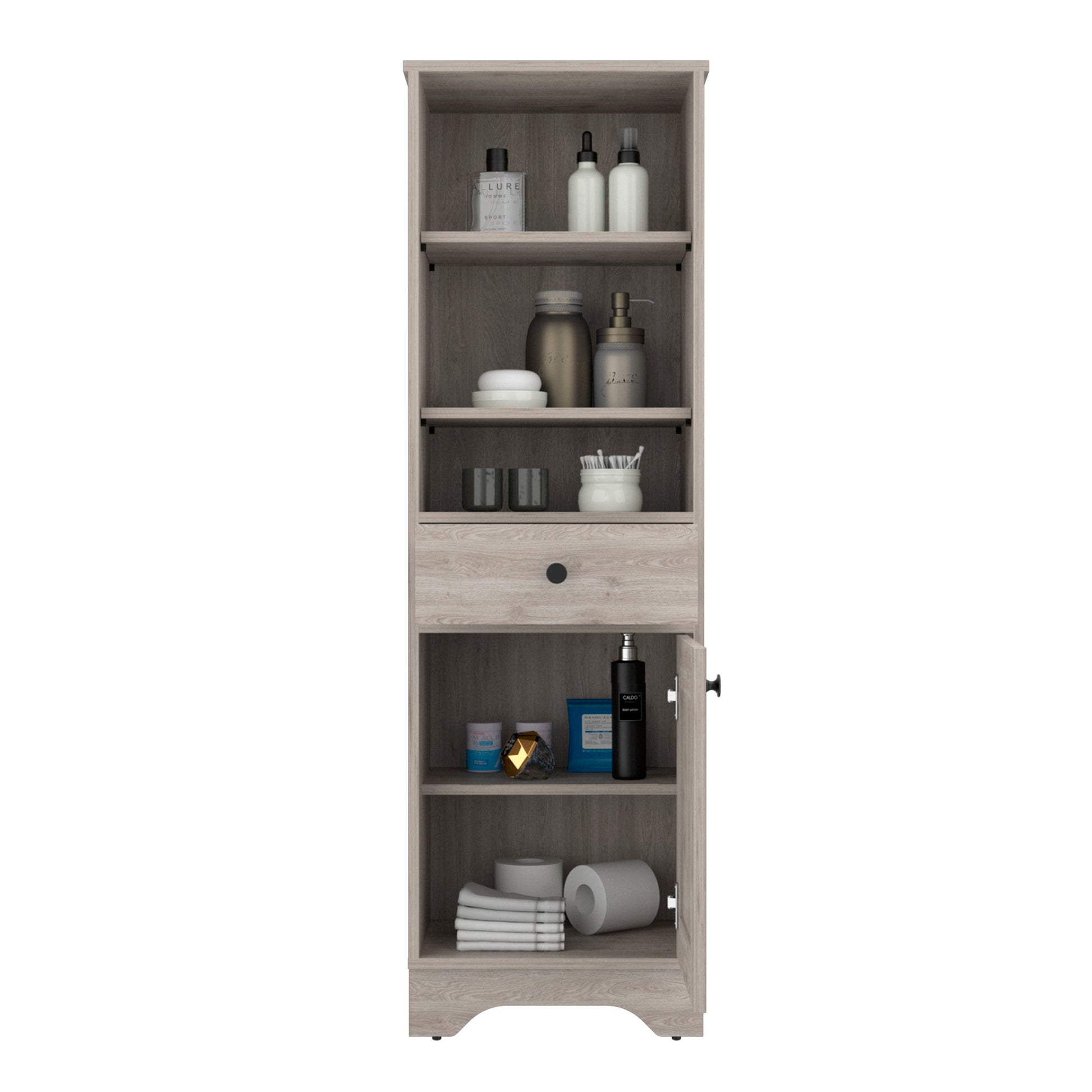 55H" Linen Single Door Cabinet, Three External Shelves, One Drawer, Two Interior Shelves, Light Gray Gray Particle Board Particle Board