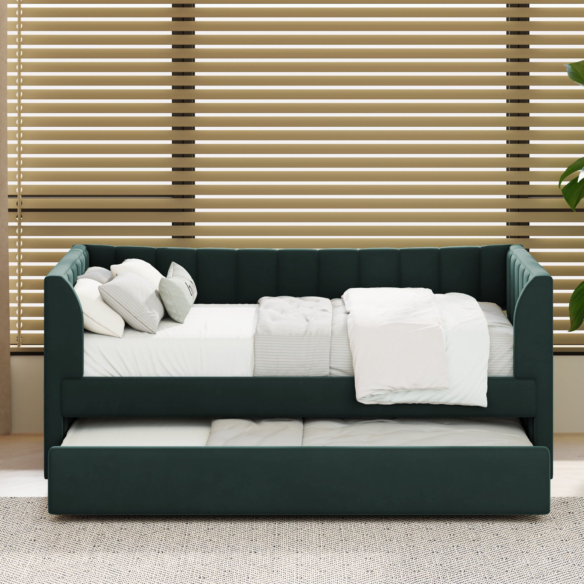 Twin Size Upholstered Velvet Daybed With Trundle, Green Box Spring Not Required Twin Green Wood Bedroom Bed Frame Velvet Upholstered