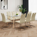 Modern Simple Rectangular Glass Dining Table, Solid Tempered Glass Countertop, Wood Transfer Metal Table Legs, Light Yellow Pu Dining Chair Set, Suitable For Restaurant Kitchen Use Set Of 9 Upholstered Chair Glass Light Yellow Seats 8 Metal Rectangular
