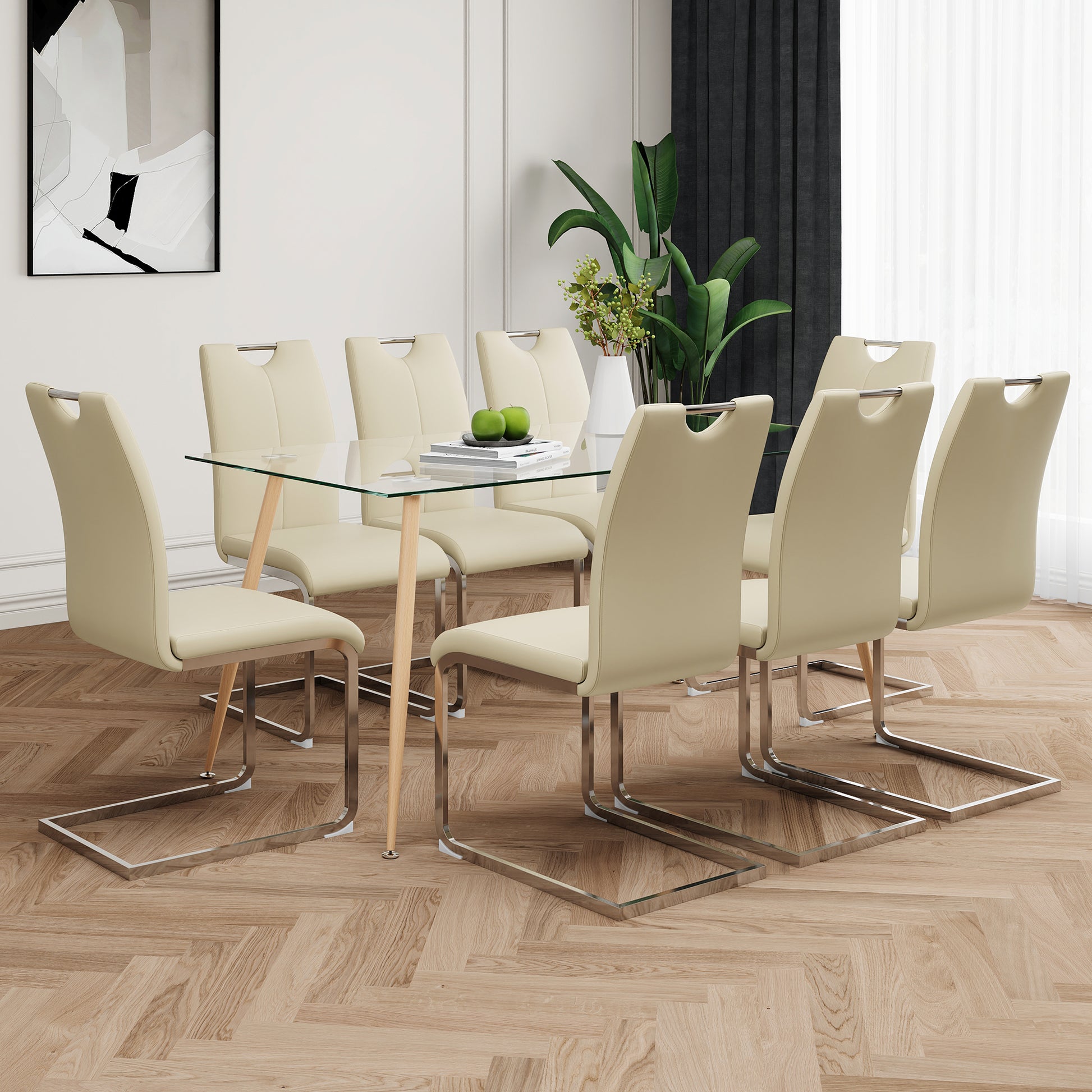 Modern Simple Rectangular Glass Dining Table, Solid Tempered Glass Countertop, Wood Transfer Metal Table Legs, Light Yellow Pu Dining Chair Set, Suitable For Restaurant Kitchen Use Set Of 9 Upholstered Chair Glass Light Yellow Seats 8 Metal Rectangular