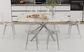 Table And Chair Set.Modern Luxurious White Marble Patterned Tempered Glass Dining Table Set With Transparent Pp Chairs.6 Transparent High Quality Pp Dining Chairs With Silver Legs. White Silver