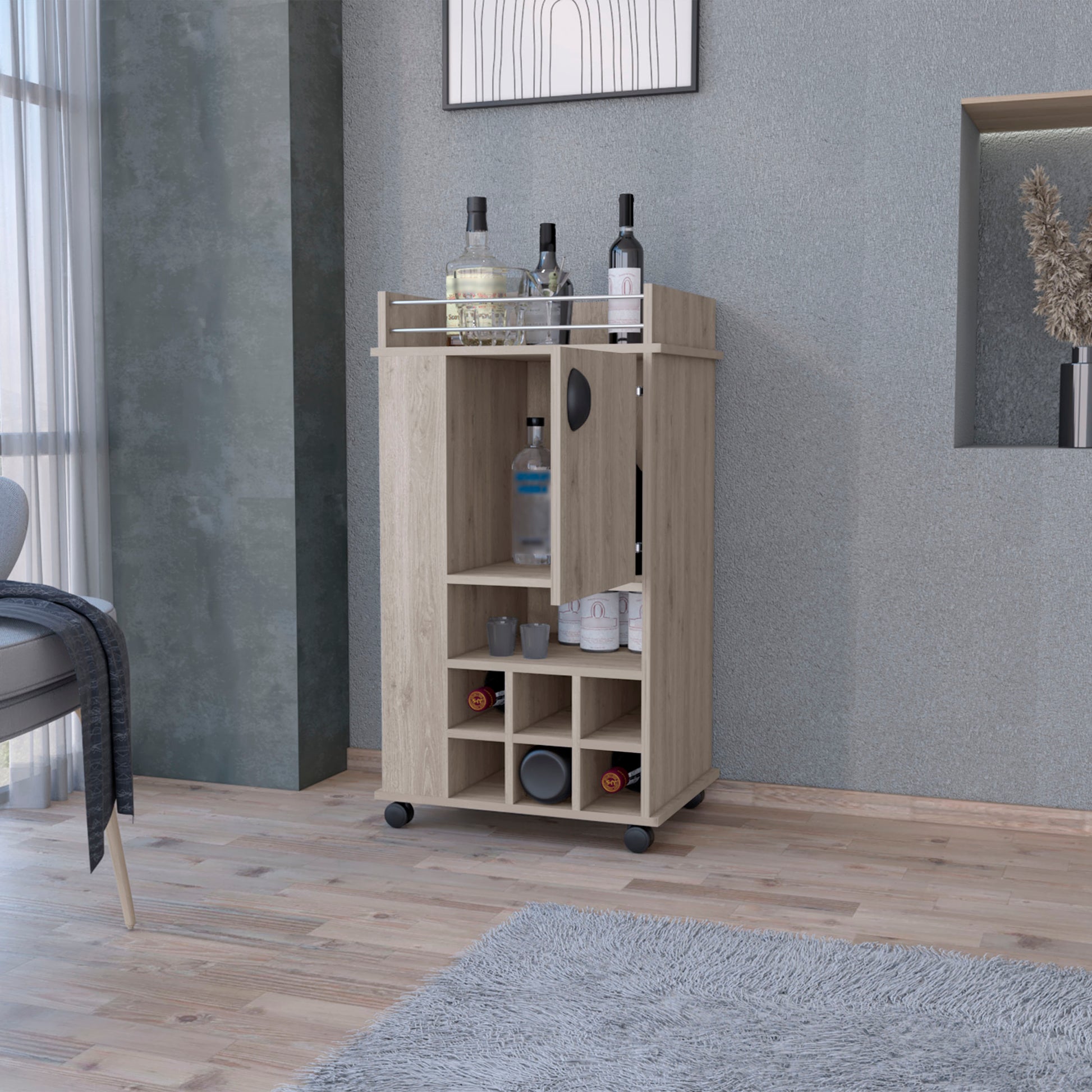 Farson Bar Cart With 2 Side Shelf, 6 Built In Wine Rack And Casters Freestanding 5 Or More Spaces Light Gray Primary Living Space Mobile Classic,Contemporary Pine Particle Board Engineered Wood