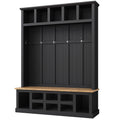 Farmhouse Wooden Style 78''H Modern Hall Tree With Wide Storage Seating Bench, Entryway Shoe Cabinet With 13 Compartments, Elegant Coat Rack With 6 Hooks For Mudroom, Living Room, Black Black Primary Living Space Particle Board